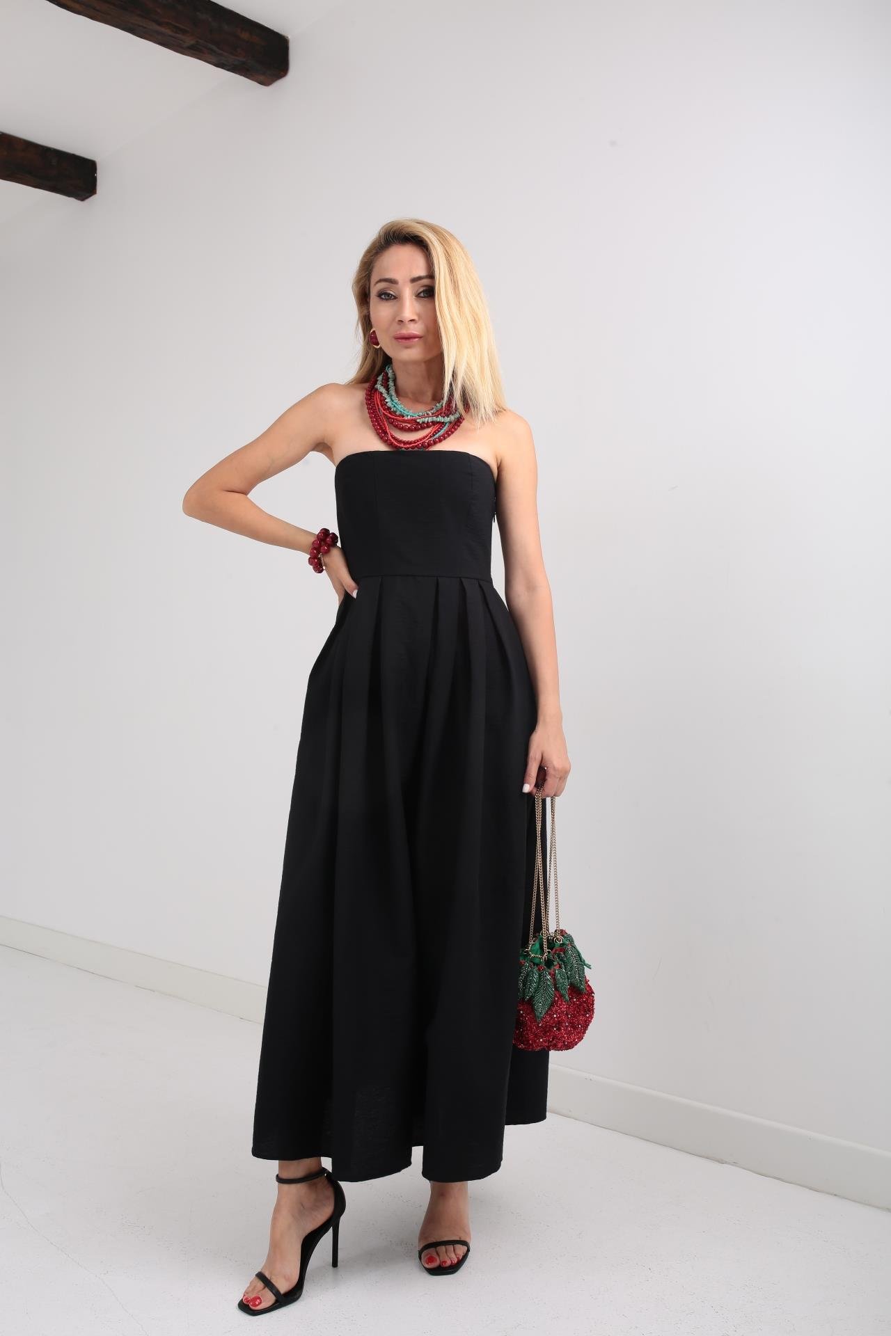 Staplez Sırtı Lastikli Siyah Elbise ELBİSE | NO33