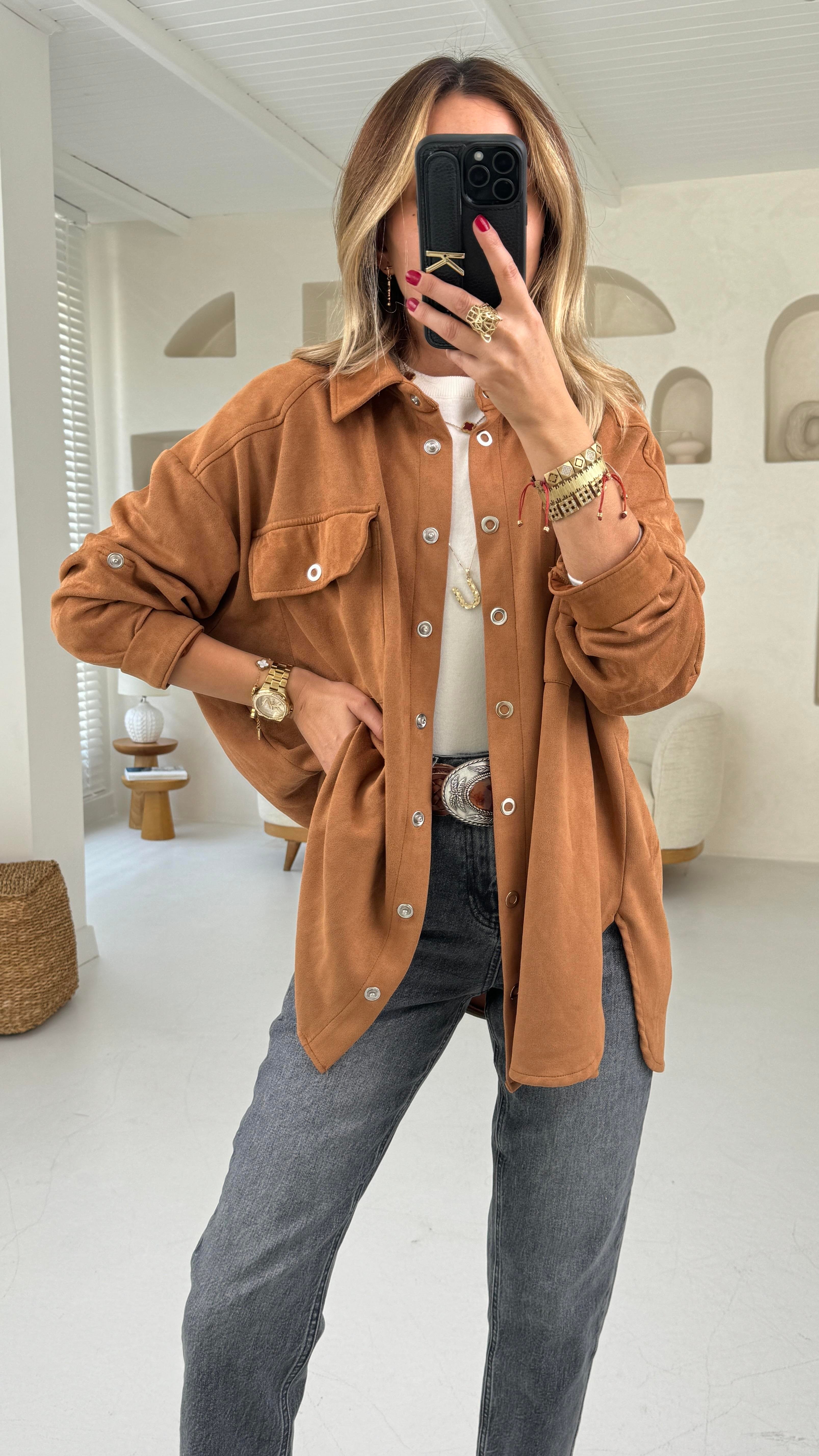 Taba Çıtçıtlı Nubuk Oversize Gömlek GÖMLEK