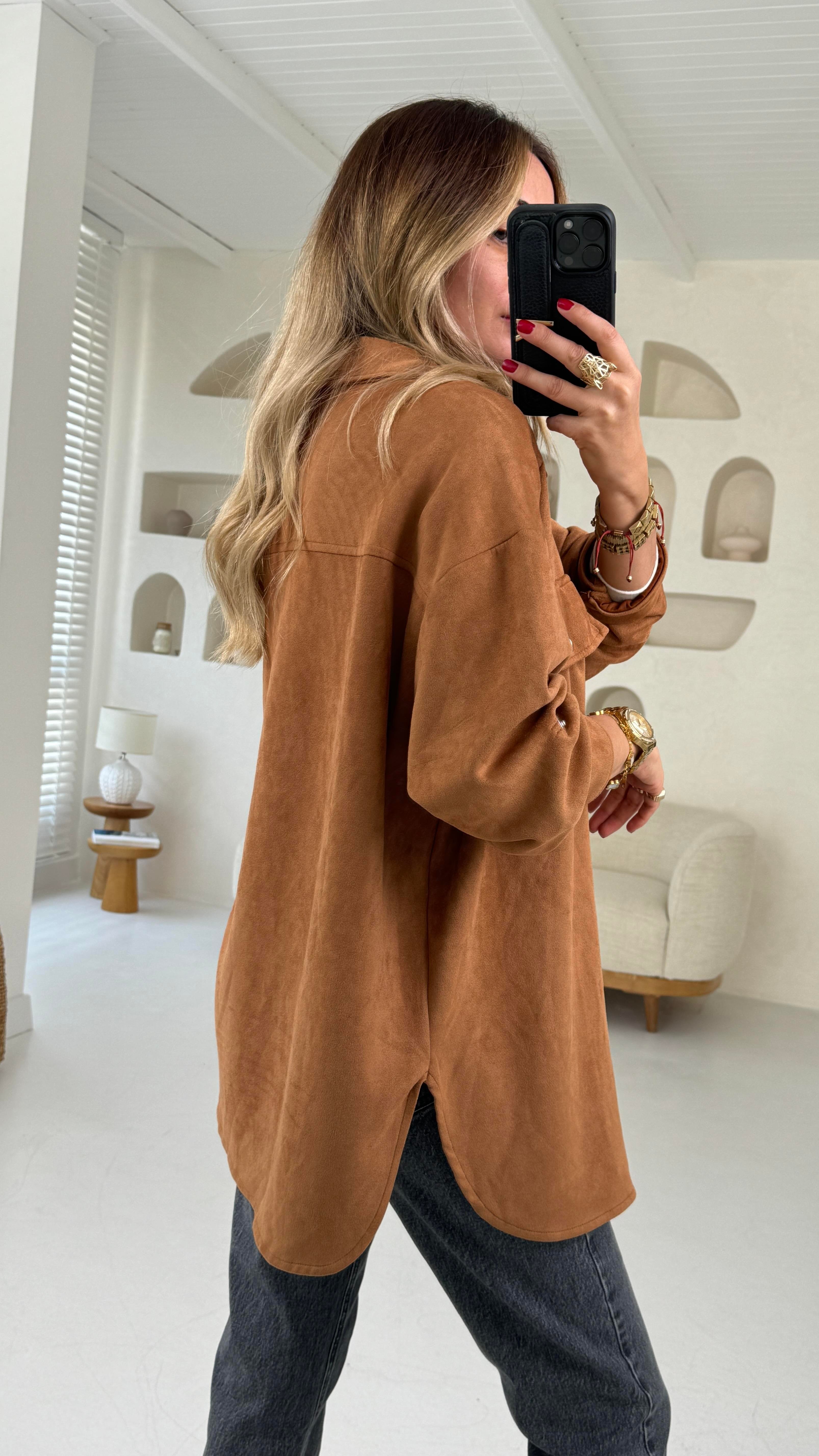 Taba Çıtçıtlı Nubuk Oversize Gömlek GÖMLEK