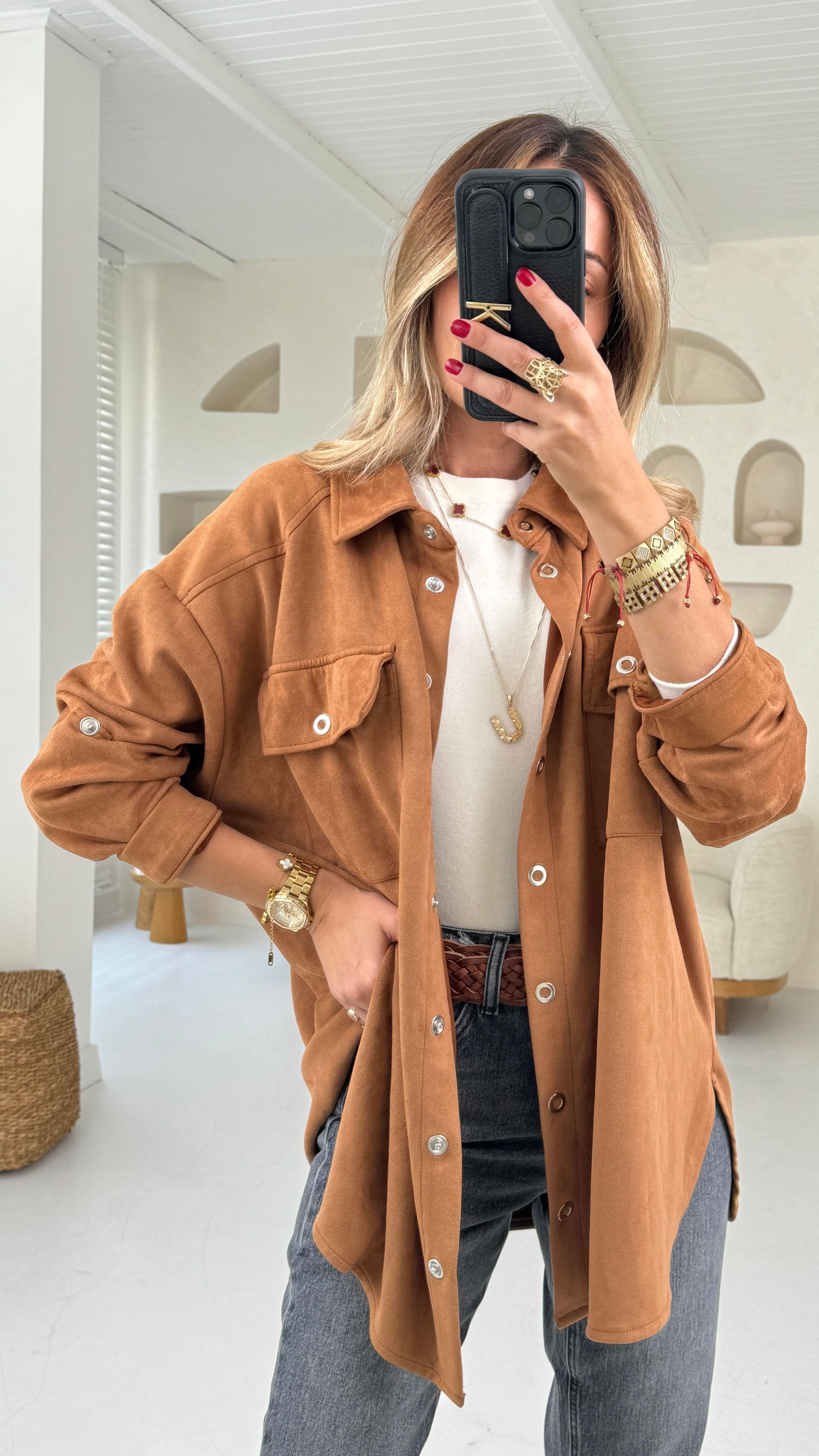 Taba Çıtçıtlı Nubuk Oversize Gömlek GÖMLEK