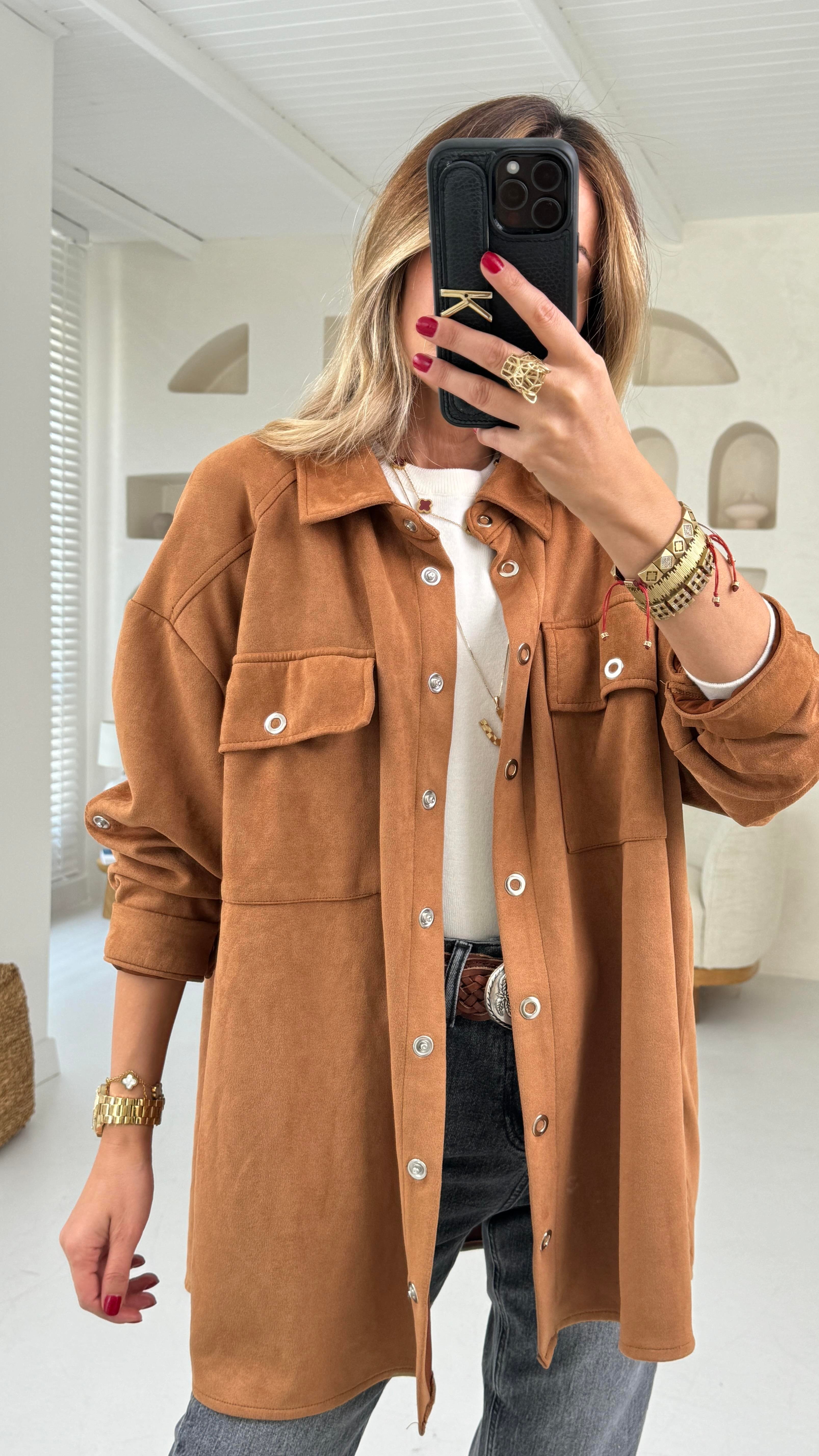 Taba Çıtçıtlı Nubuk Oversize Gömlek GÖMLEK
