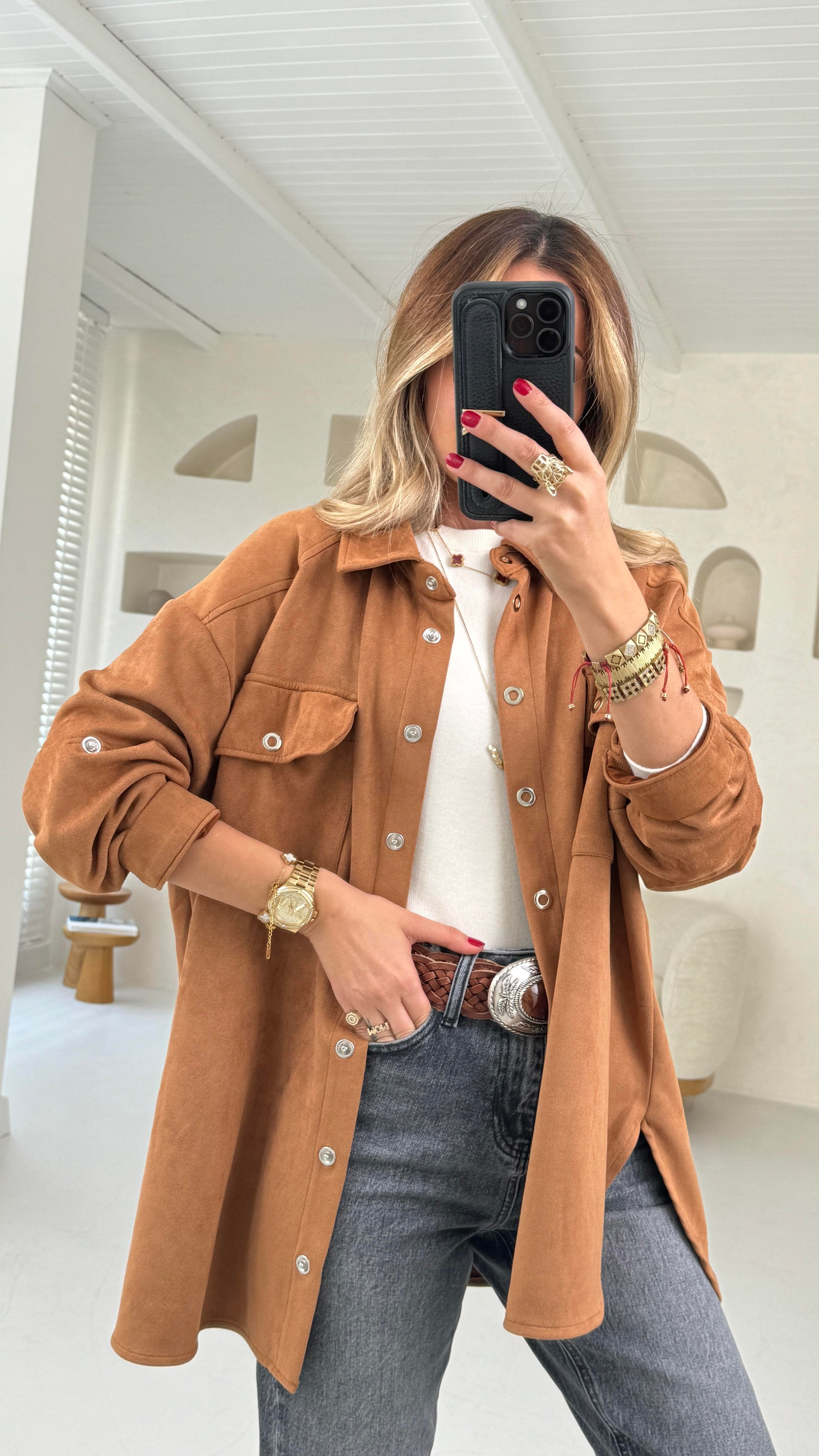 Taba Çıtçıtlı Nubuk Oversize Gömlek GÖMLEK