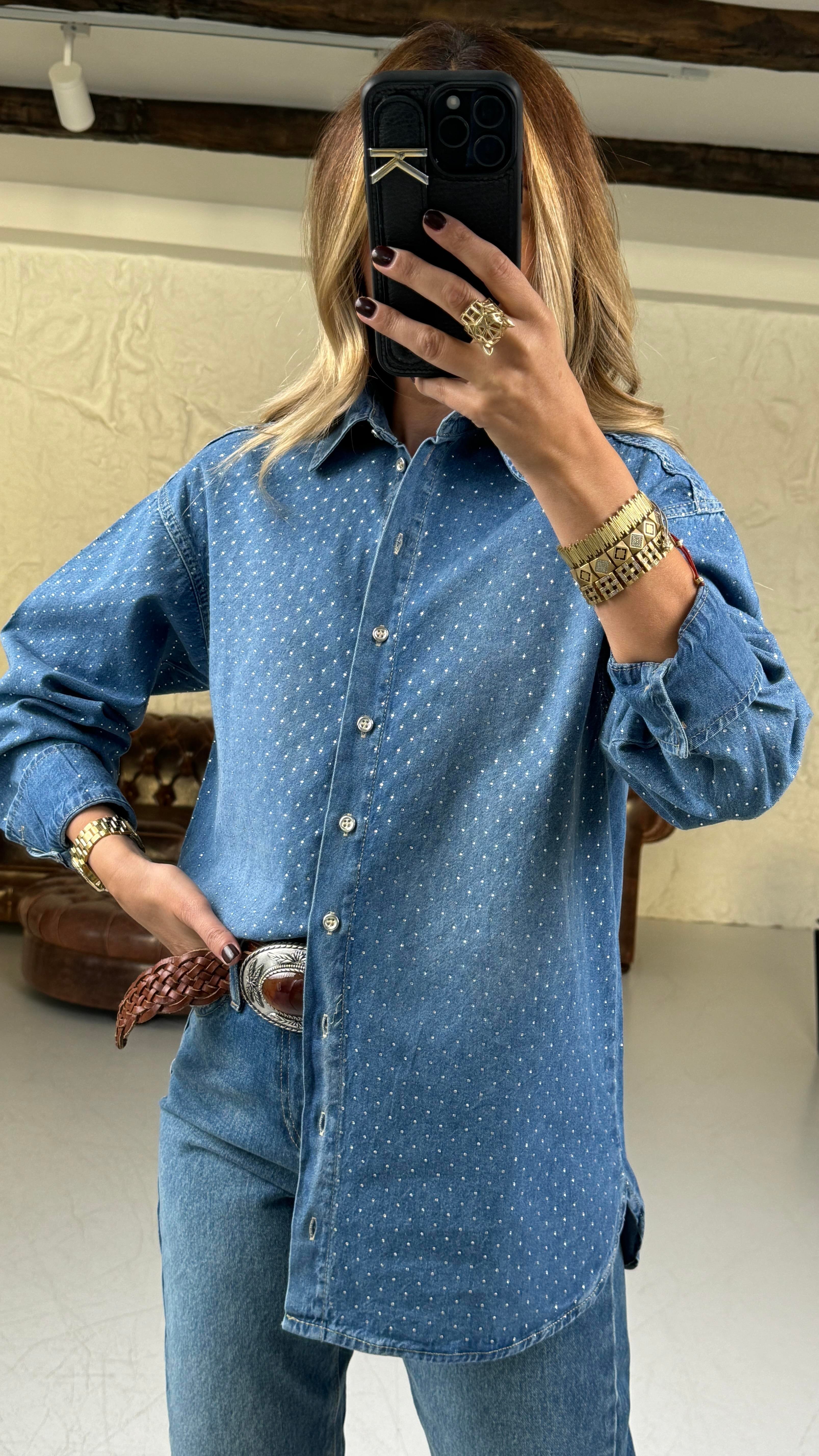 Taş Baskılı Denim Gömlek GÖMLEK