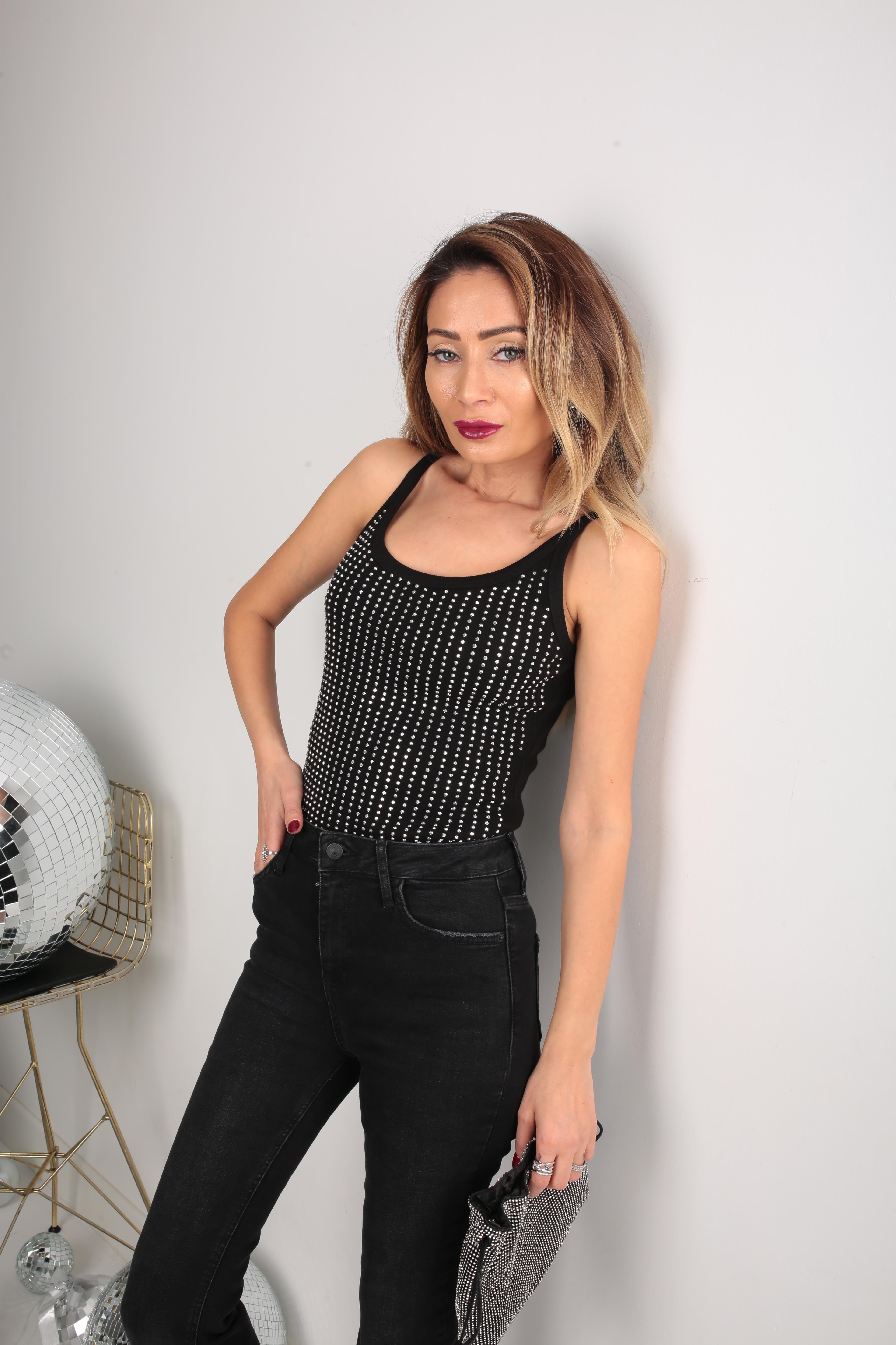 Taş Baskılı Kalın Askılı Siyah Atlet ATLET