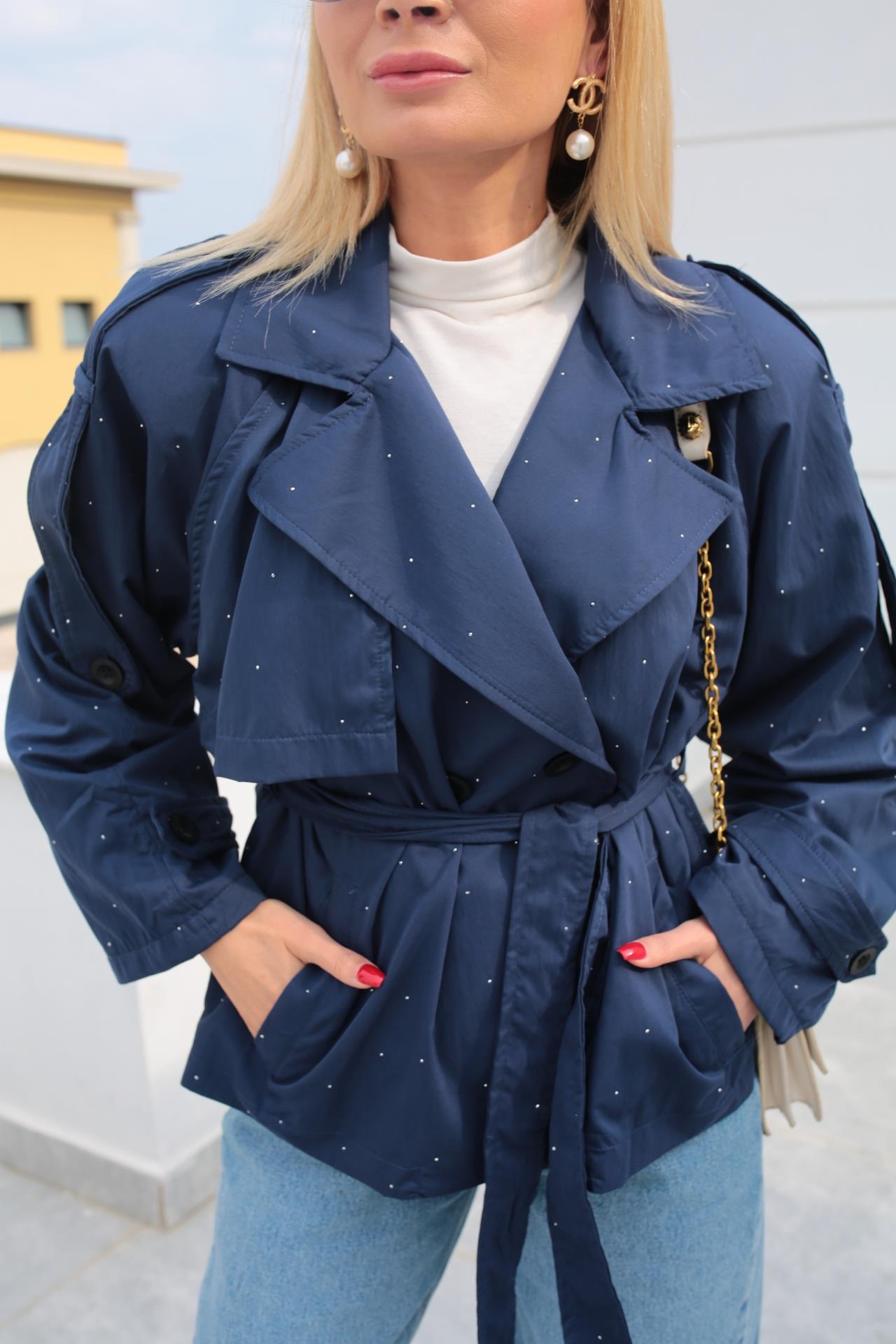 Taş Baskılı Lacivert Kısa Trençkot TRENÇKOT