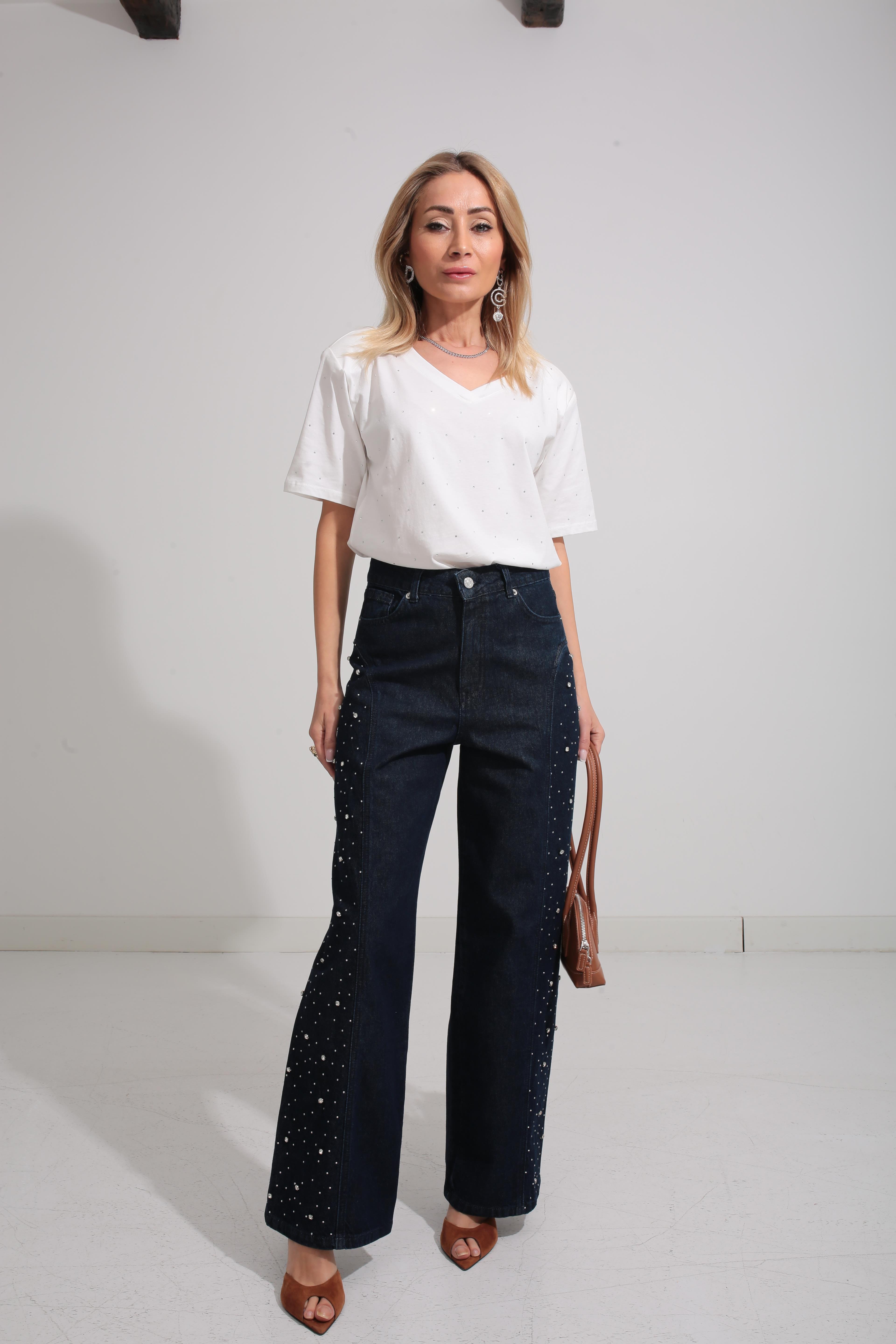 Taş İşli Geniş Paça Jean JEAN