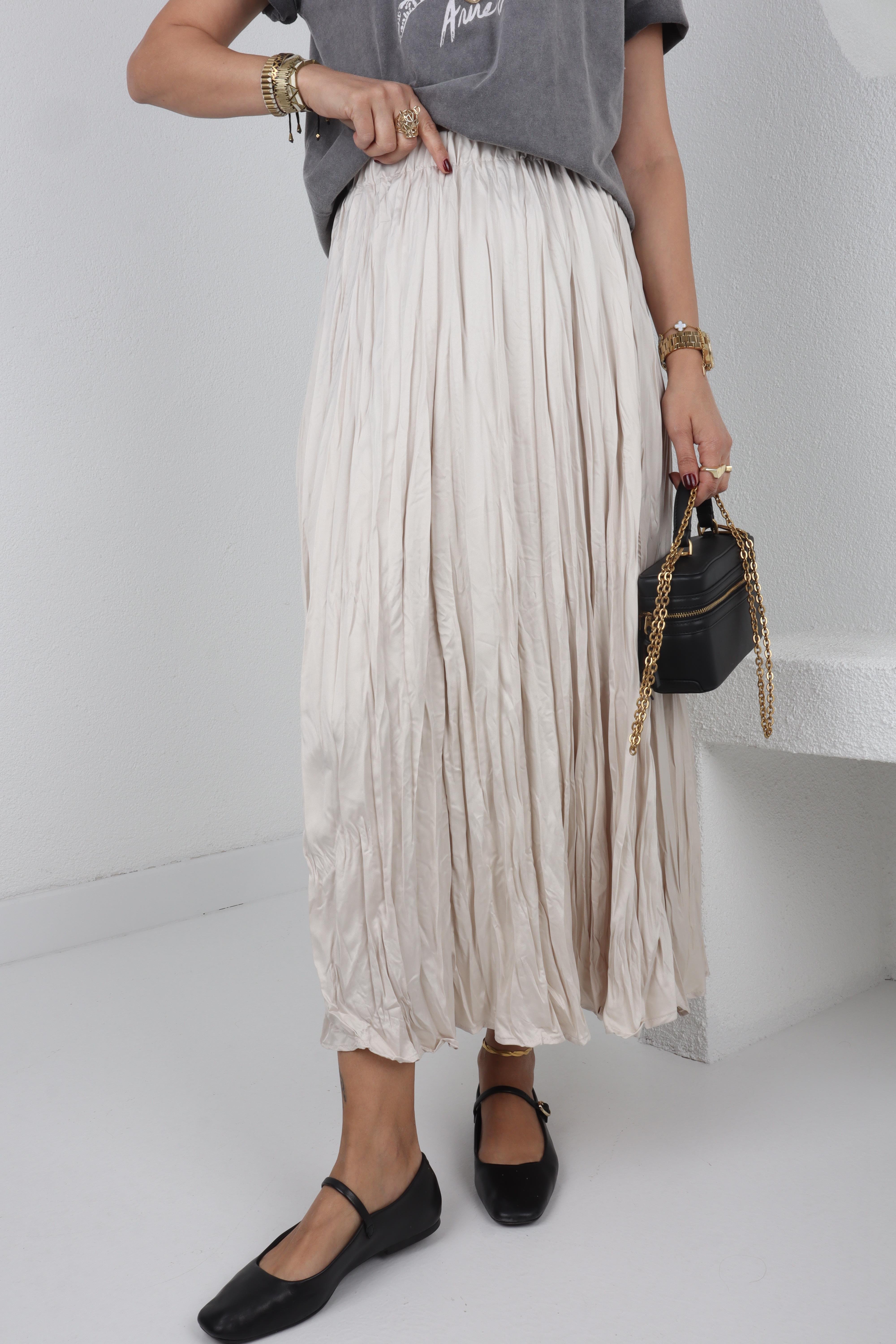 Taş Rengi Karslı Beli Lastikli Etek ETEK