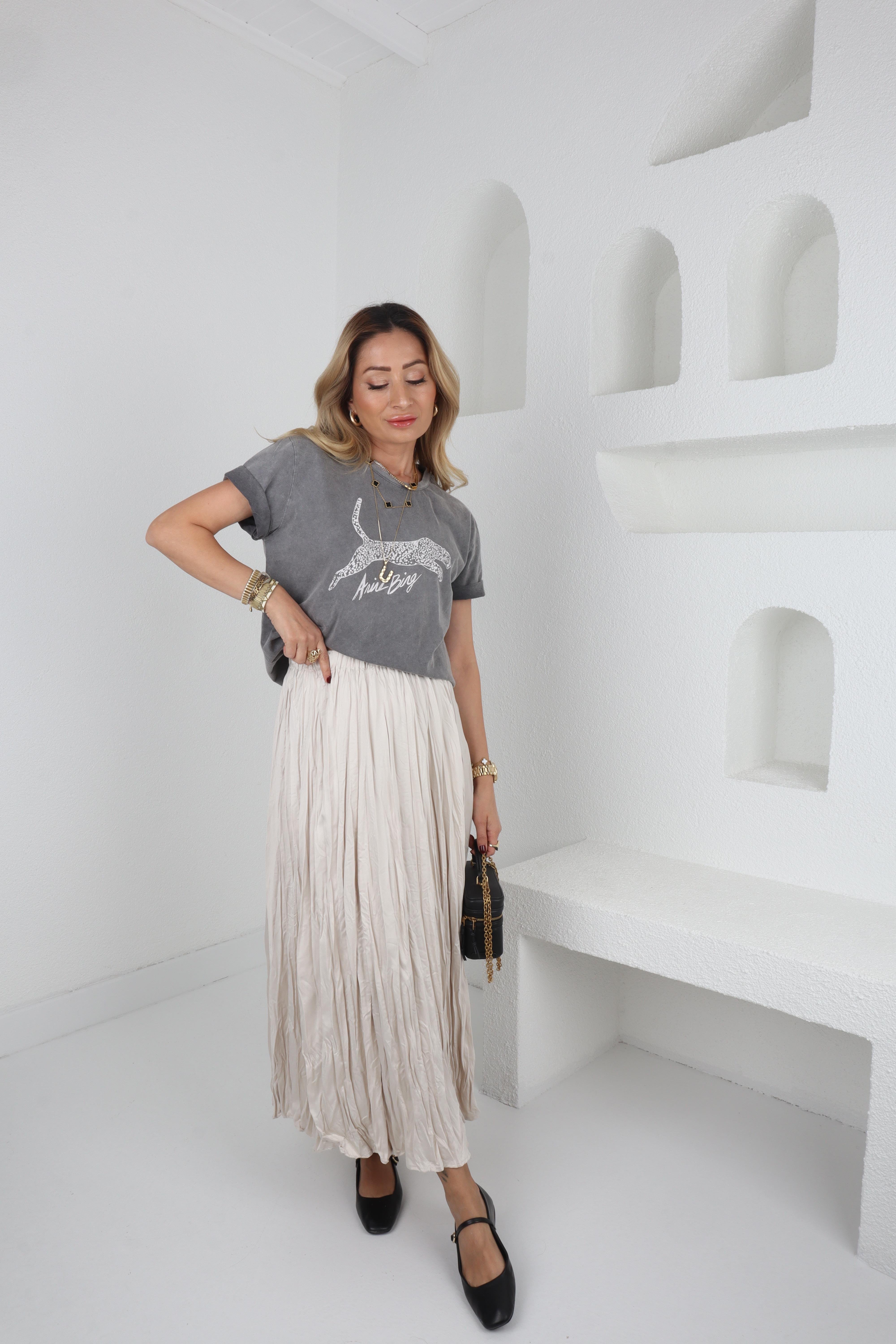 Taş Rengi Karslı Beli Lastikli Etek ETEK