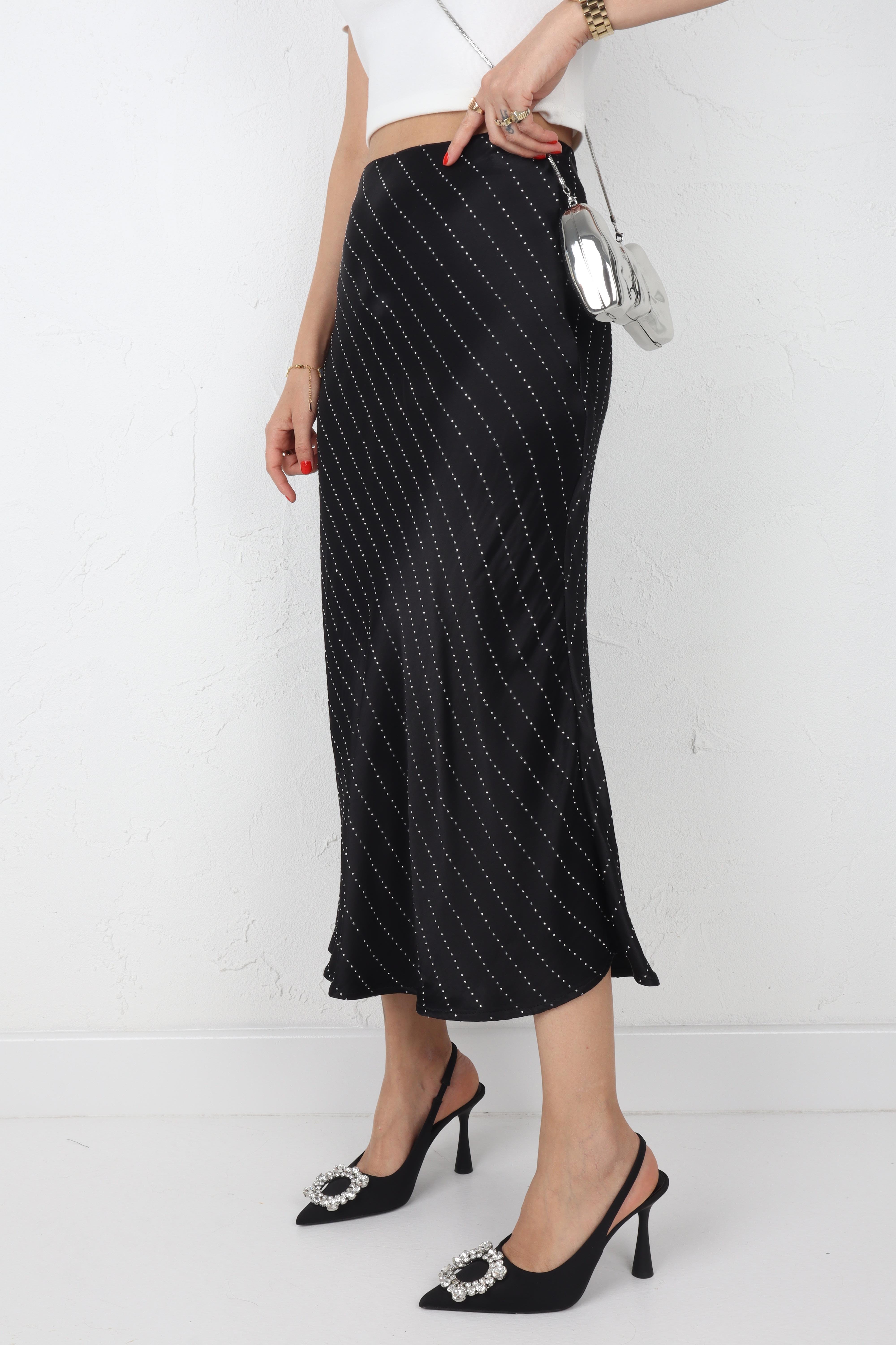 Taşlı Siyah  Saten Etek ETEK