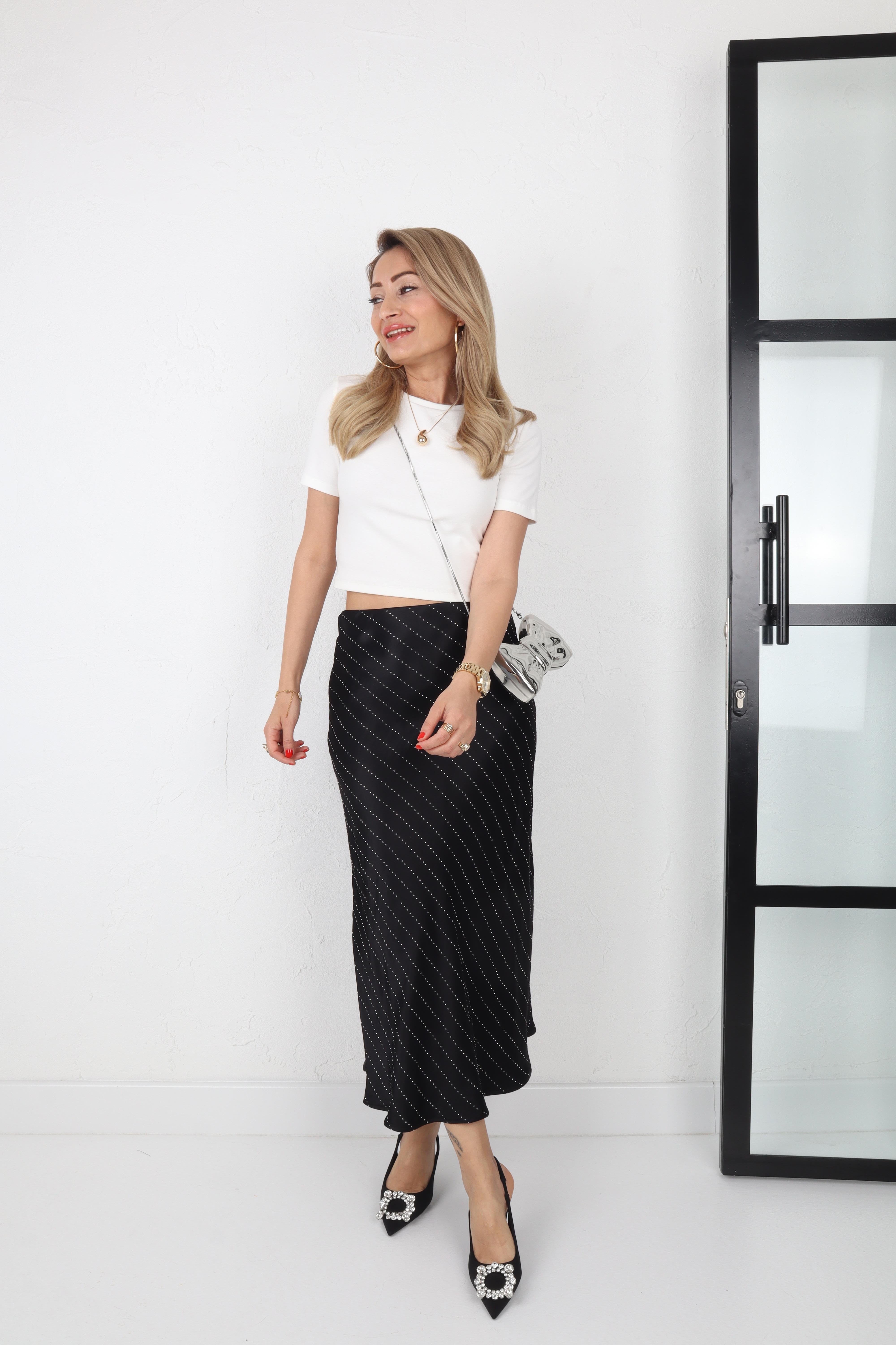 Taşlı Siyah  Saten Etek ETEK