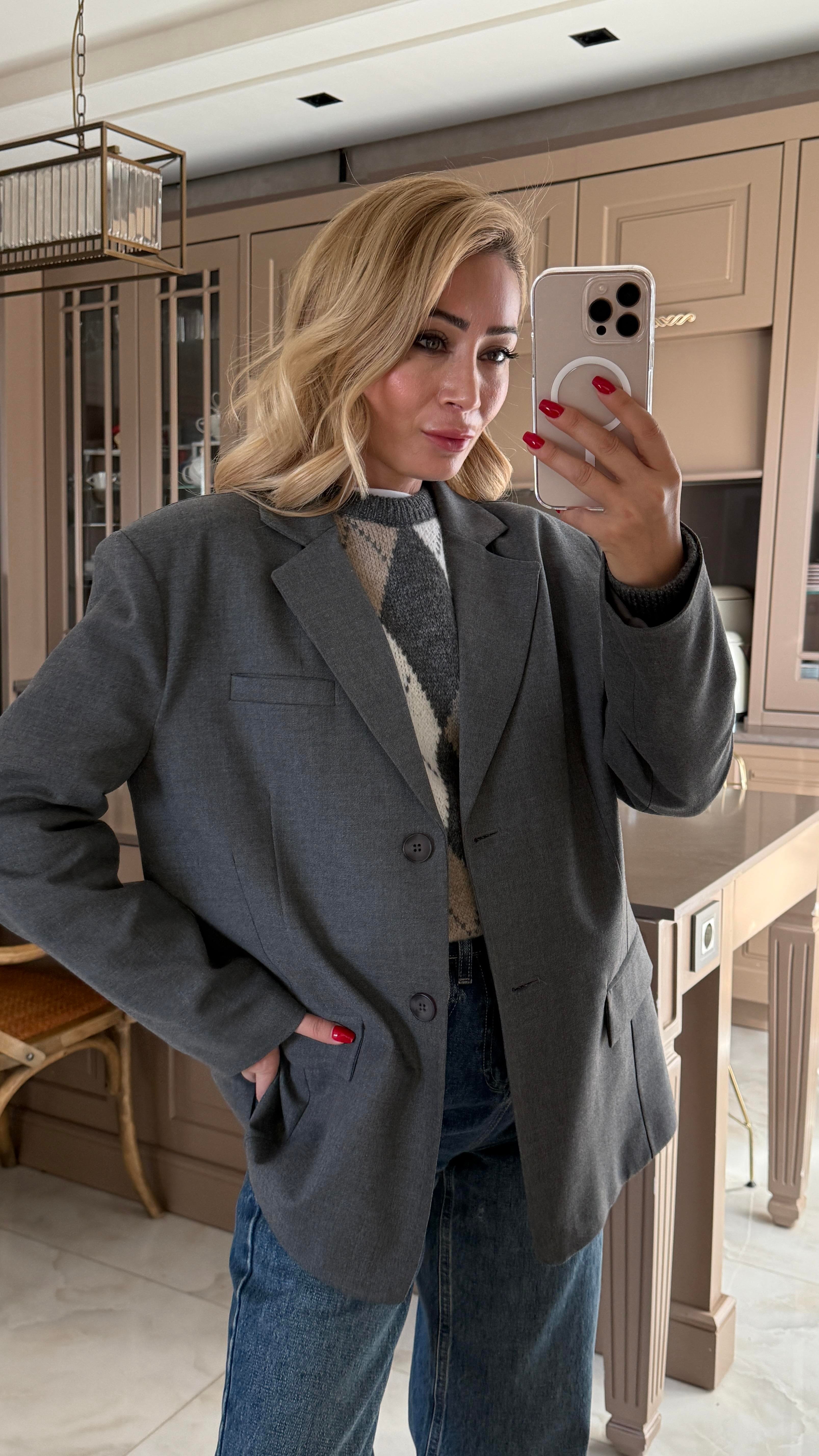 Tek Düğme Kapak Cepli Gri Blazer Ceket CEKET