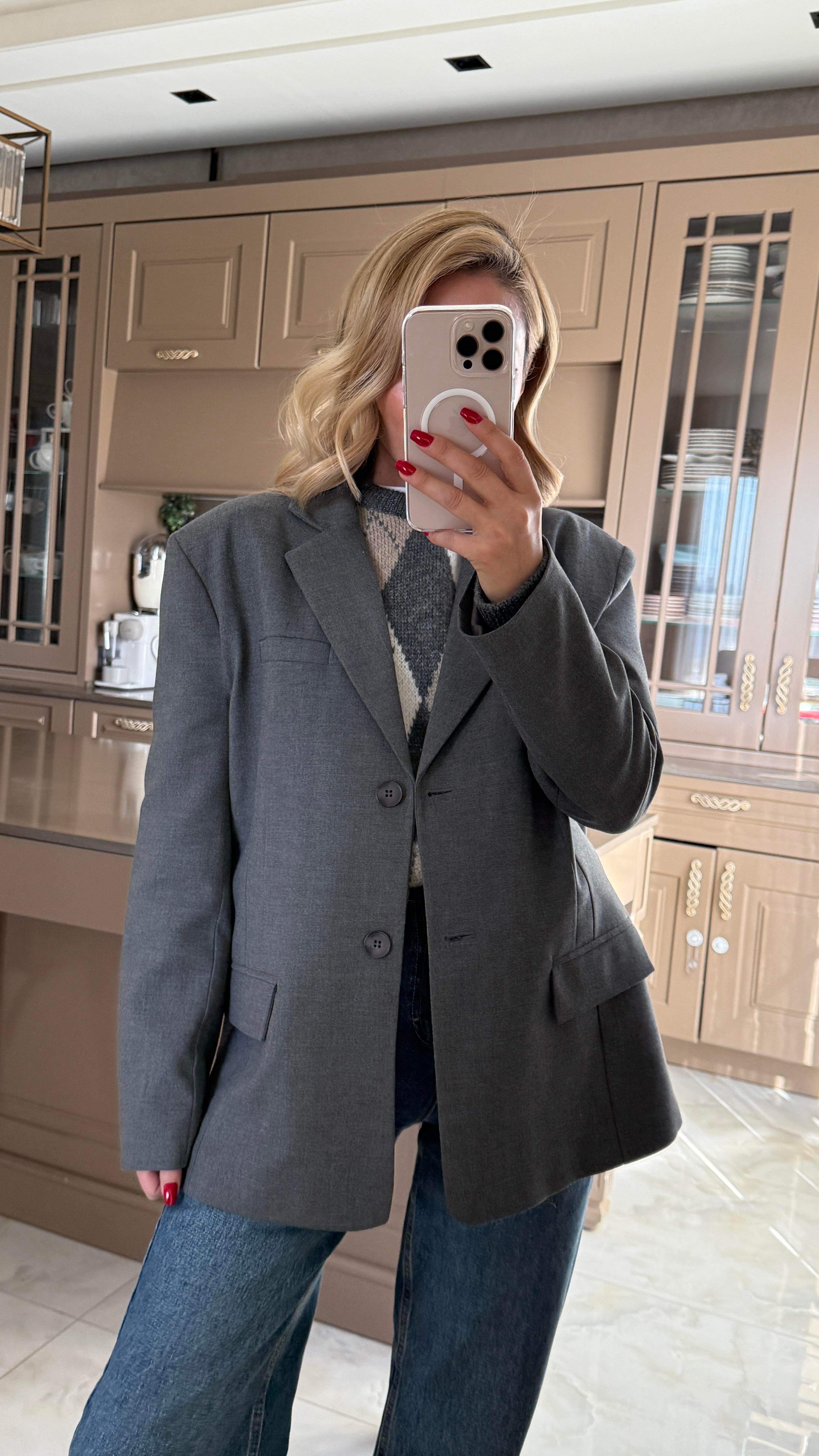 Tek Düğme Kapak Cepli Gri Blazer Ceket CEKET