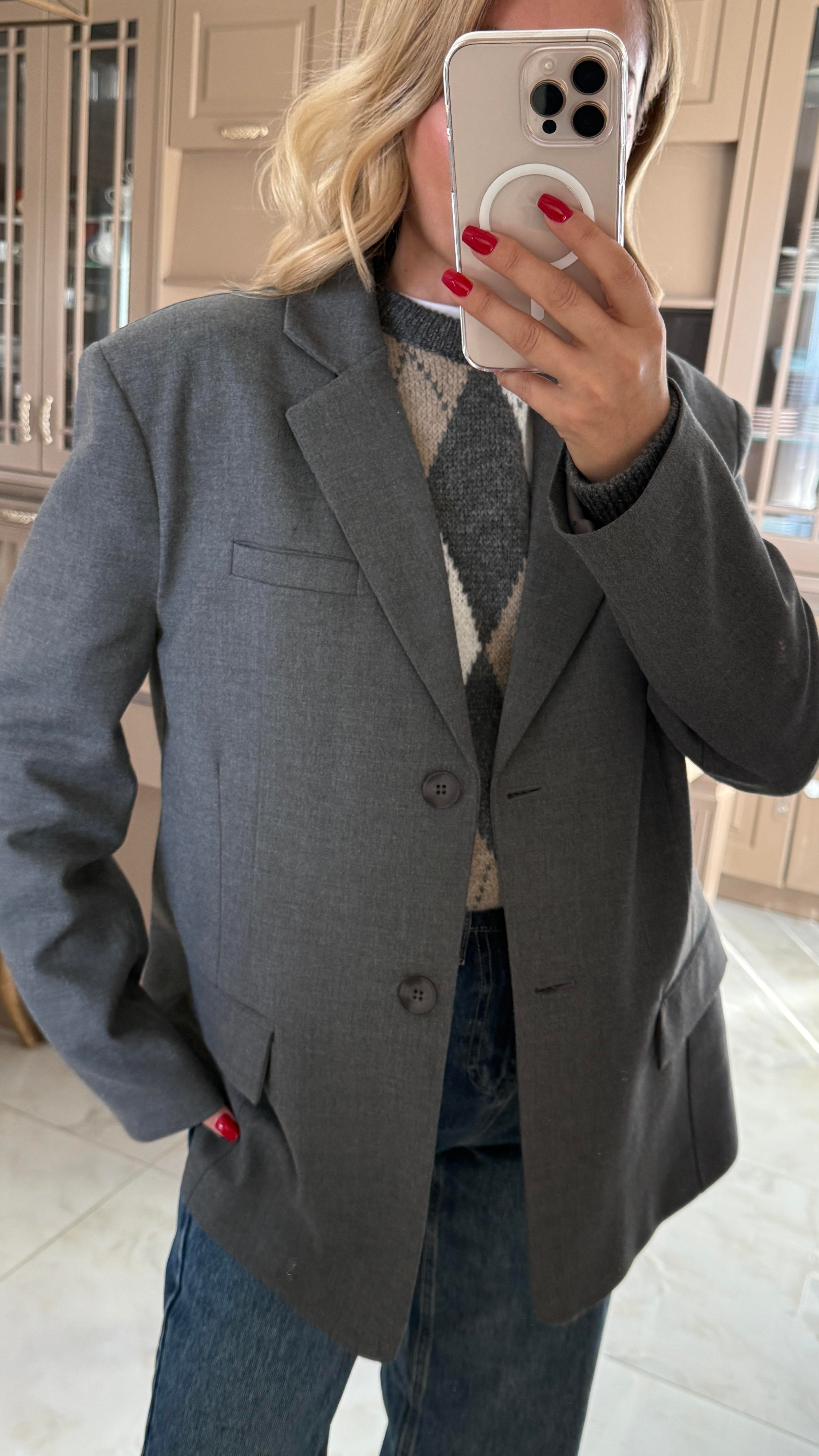 Tek Düğme Kapak Cepli Gri Blazer Ceket CEKET