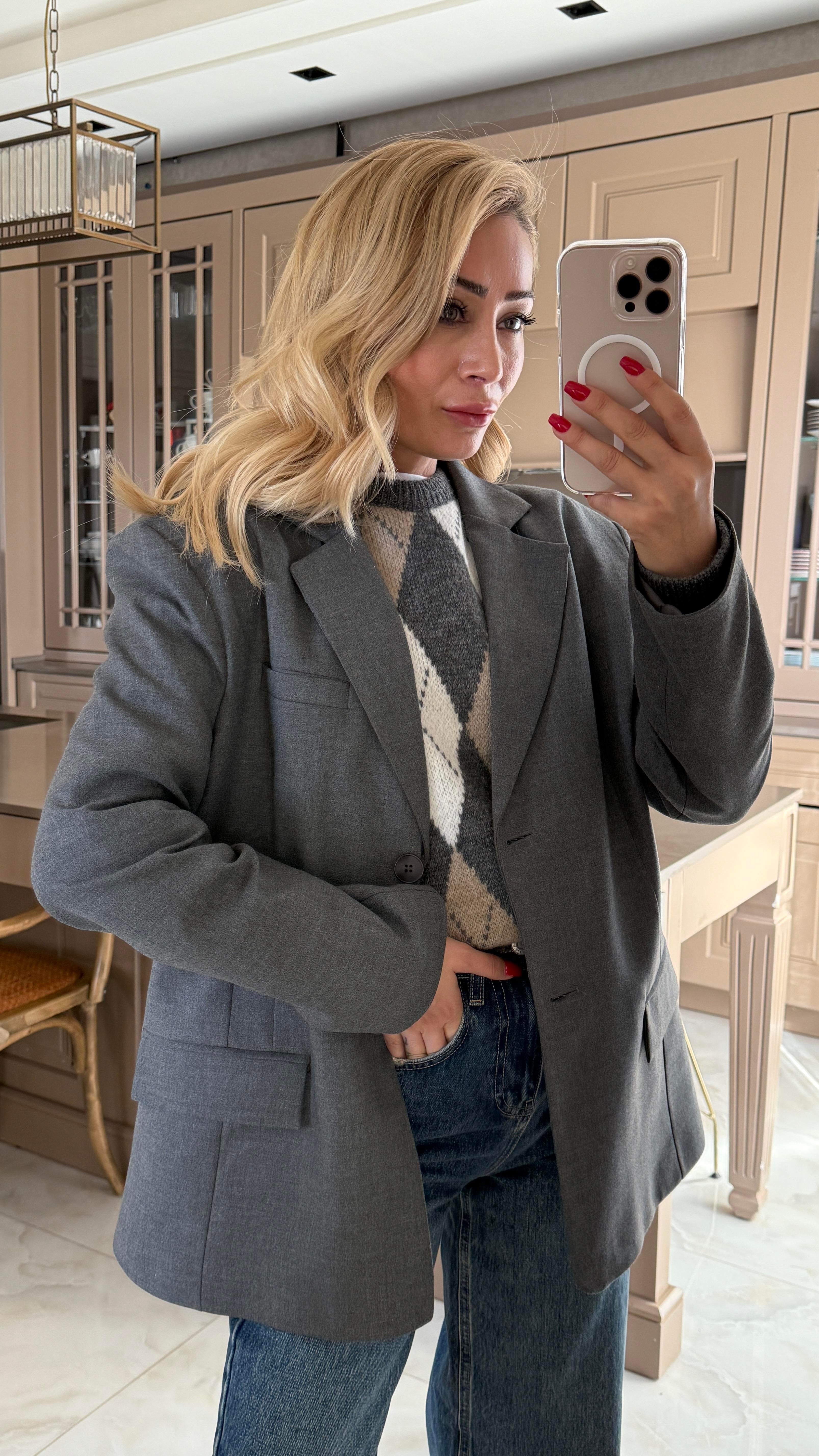 Tek Düğme Kapak Cepli Gri Blazer Ceket CEKET