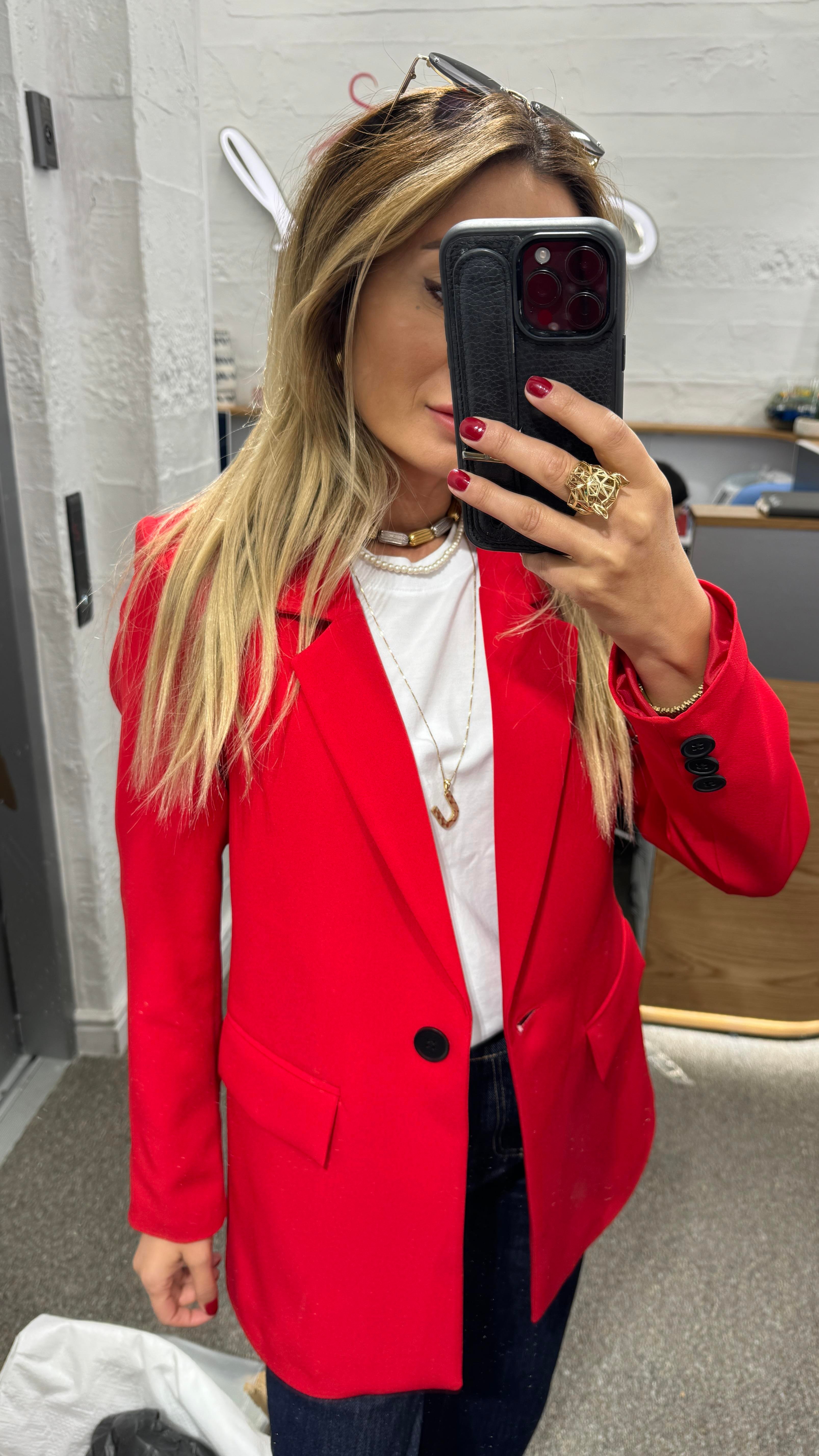 Tek Düğme Kapak Cepli Kırmızı Blazer Ceket CEKET