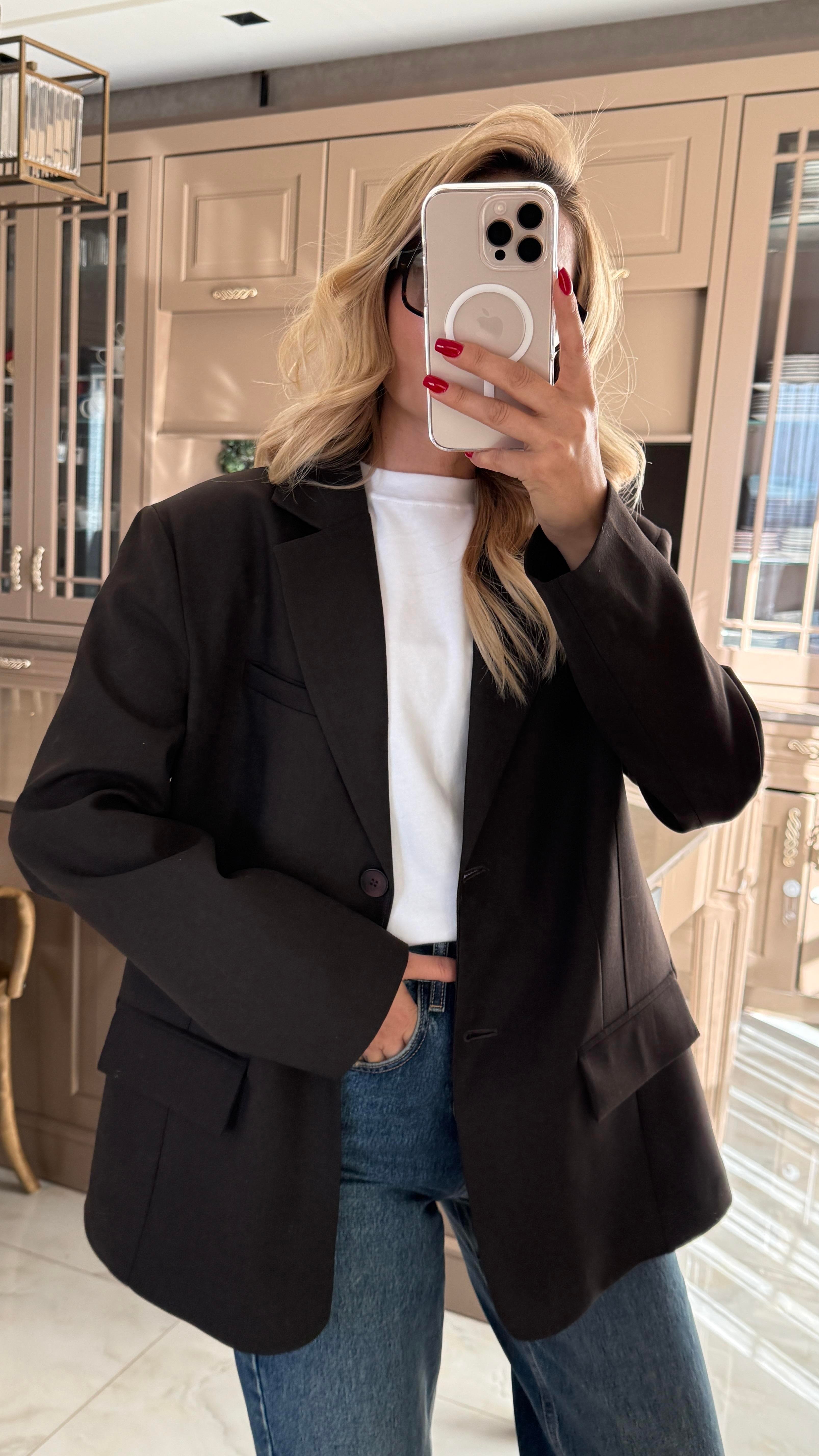 Tek Düğme Kapak Cepli Koyu Kahve Blazer Ceket CEKET