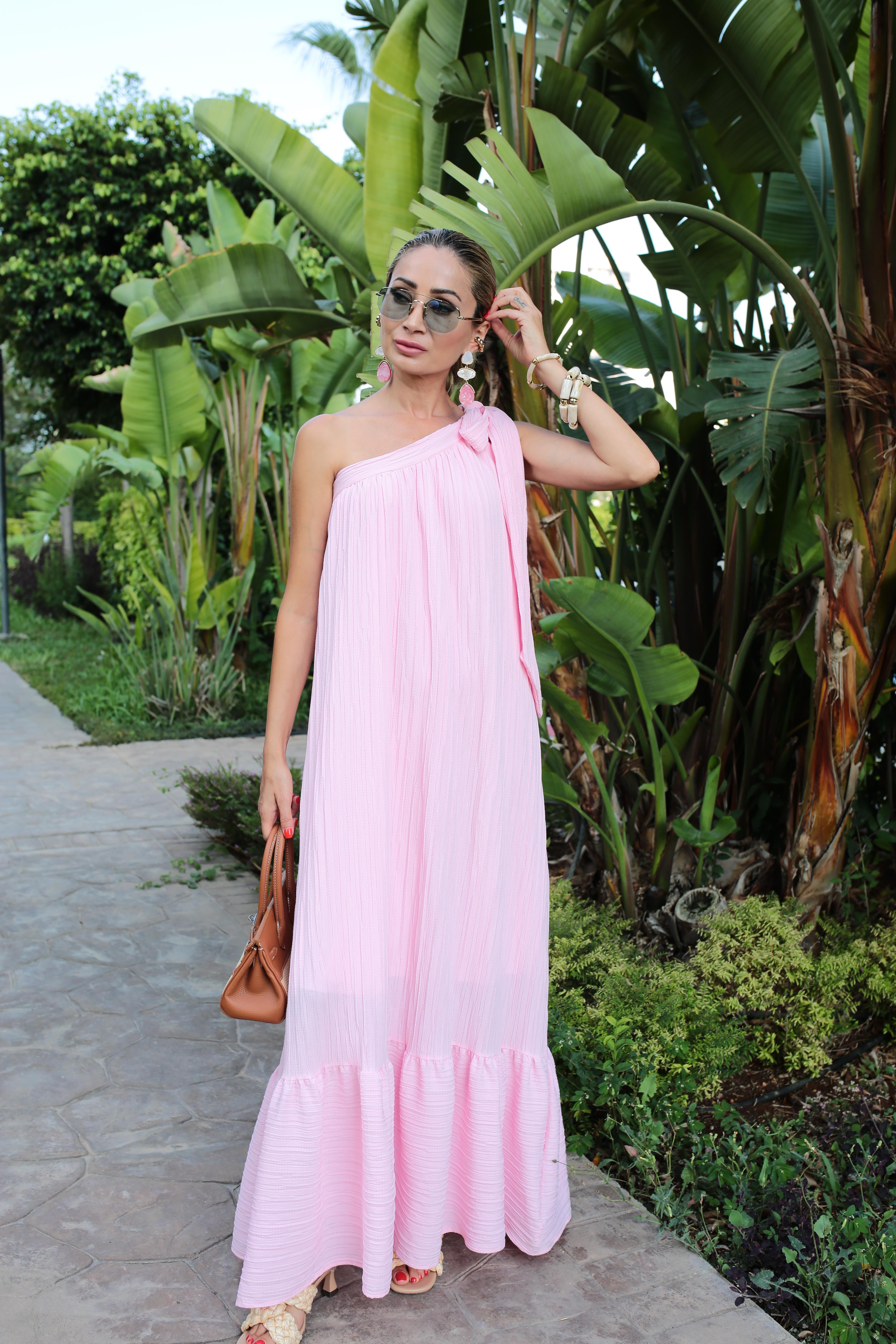 Tek Omuz Bağlı Pembe Kraşlı Elbise ELBİSE | NO33