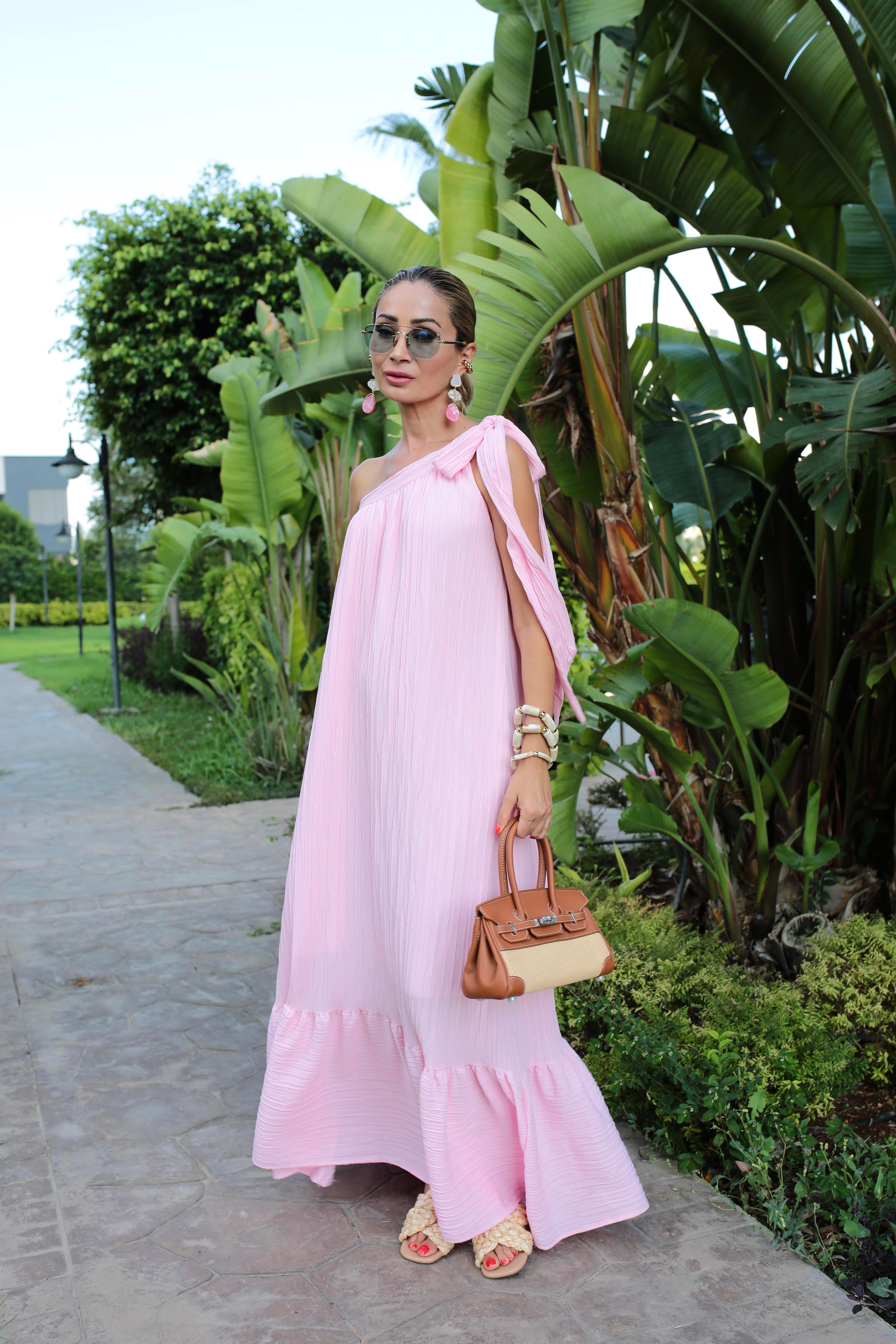 Tek Omuz Bağlı Pembe Kraşlı Elbise ELBİSE | NO33