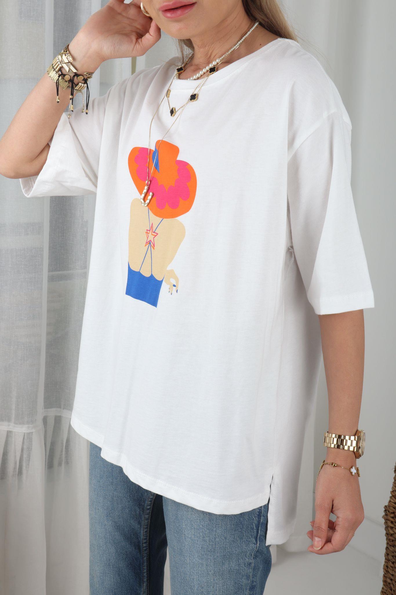 Turuncu Şapkalı Kadın Baskılı Ekru Tshirt T-SHİRT
