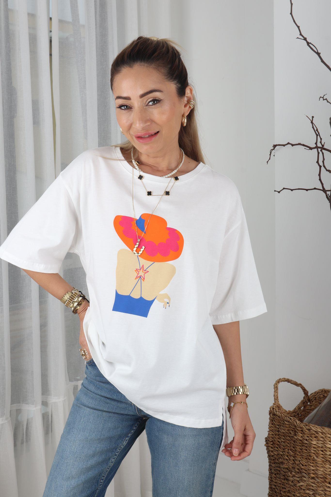 Turuncu Şapkalı Kadın Baskılı Ekru Tshirt T-SHİRT