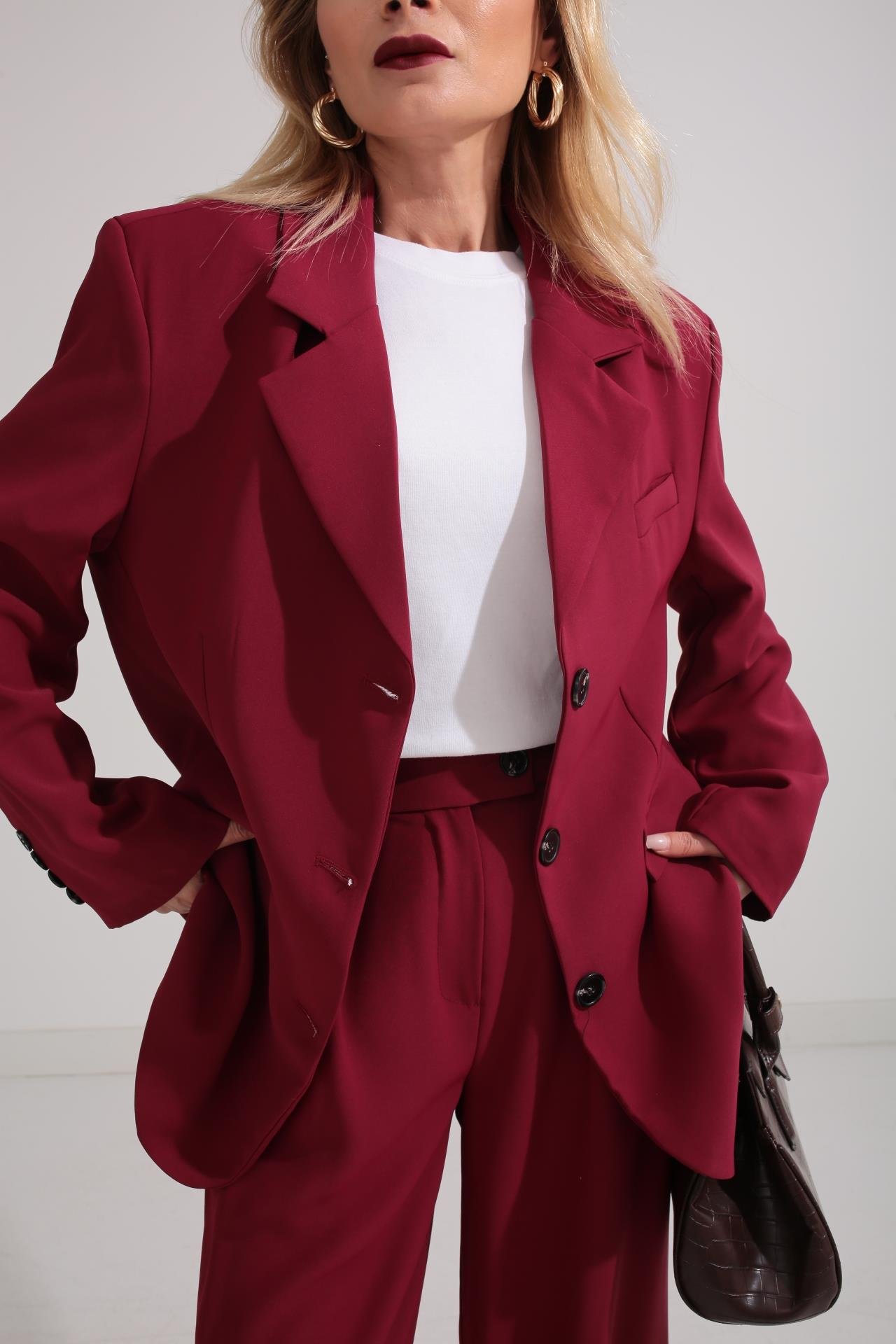 Üç Düğmeli Bordo Palazzo Takım TAKIM