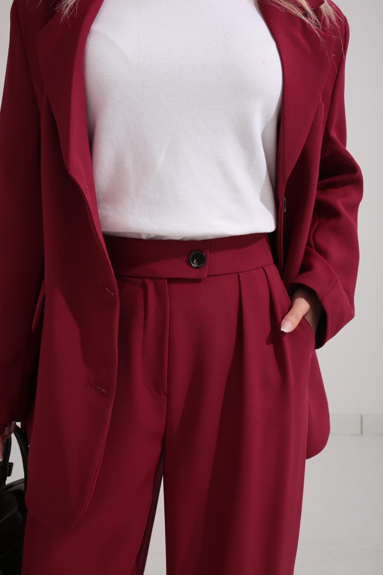 Üç Düğmeli Bordo Palazzo Takım TAKIM