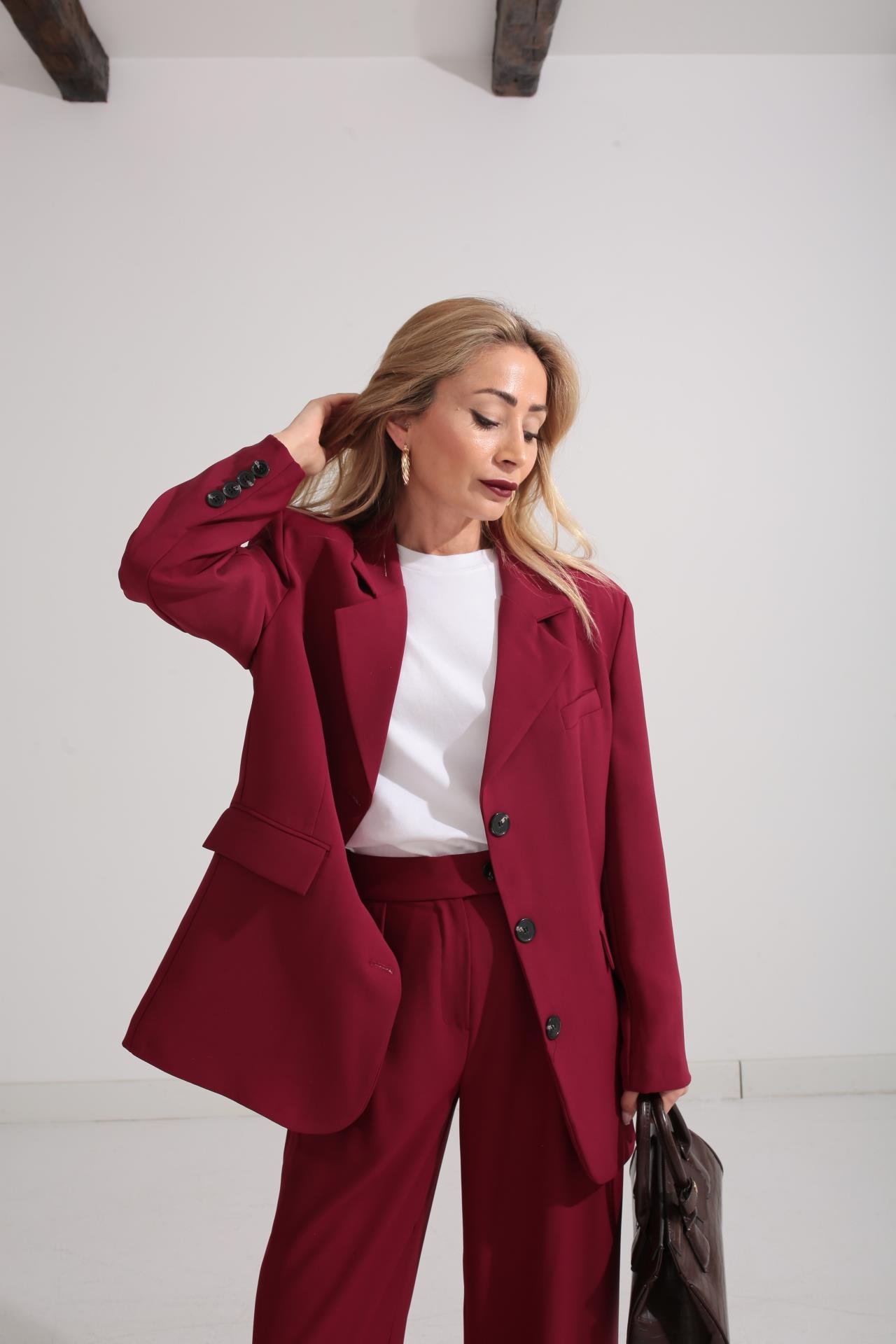 Üç Düğmeli Bordo Palazzo Takım TAKIM