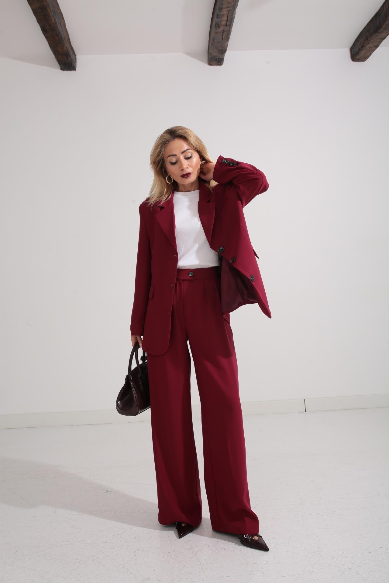 Üç Düğmeli Bordo Palazzo Takım TAKIM