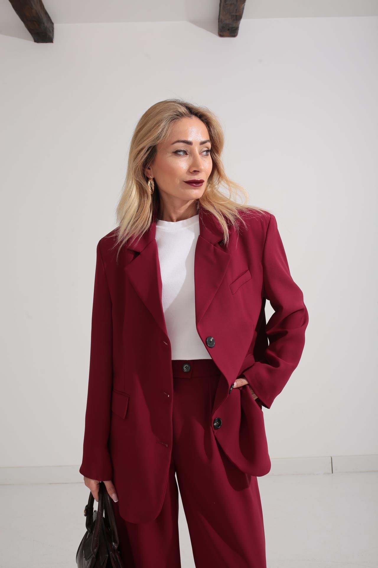 Üç Düğmeli Bordo Palazzo Takım TAKIM