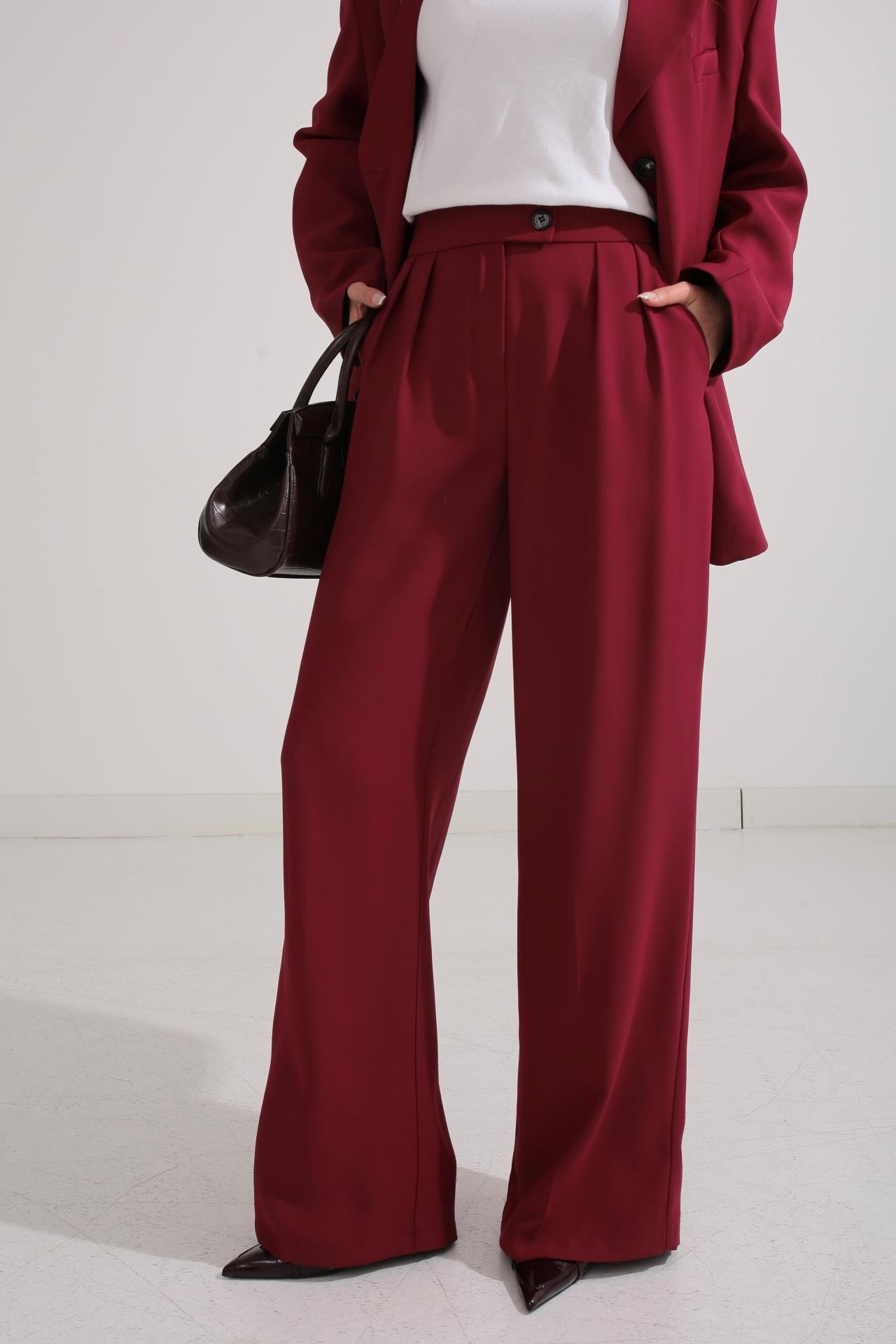 Üç Düğmeli Bordo Palazzo Takım TAKIM