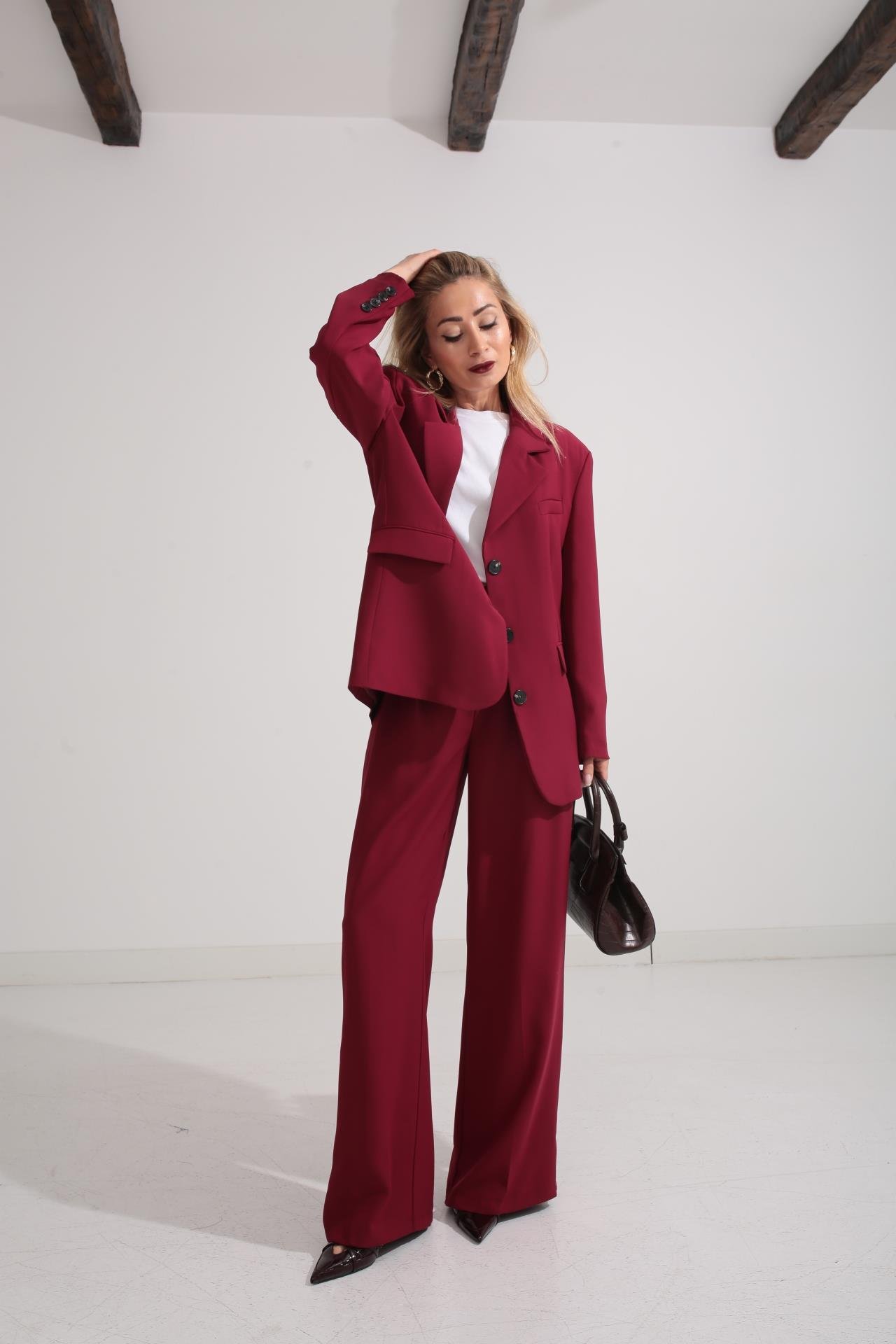 Üç Düğmeli Bordo Palazzo Takım TAKIM