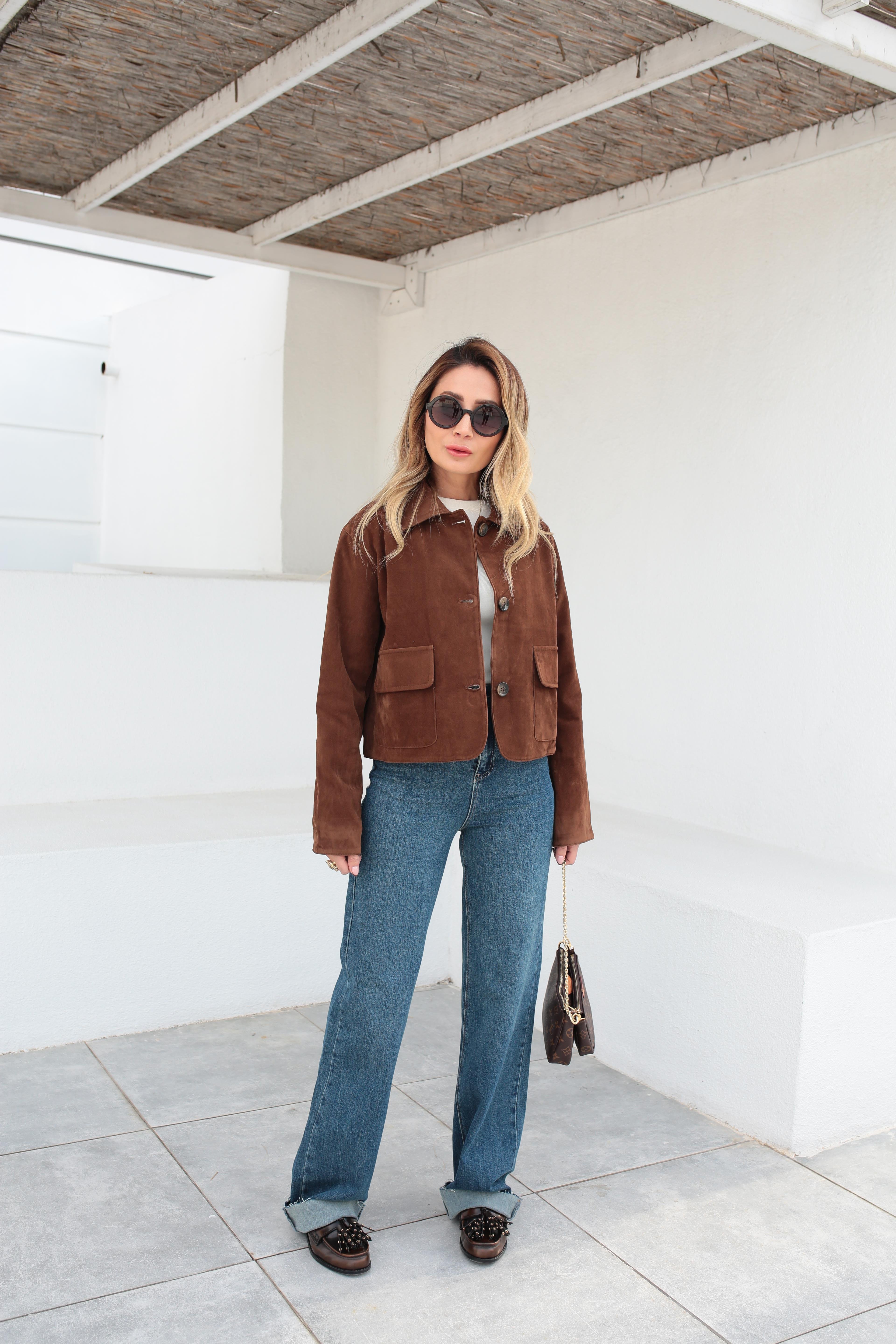 Üç Düğmeli Kısa Kahve Süet Ceket CEKET