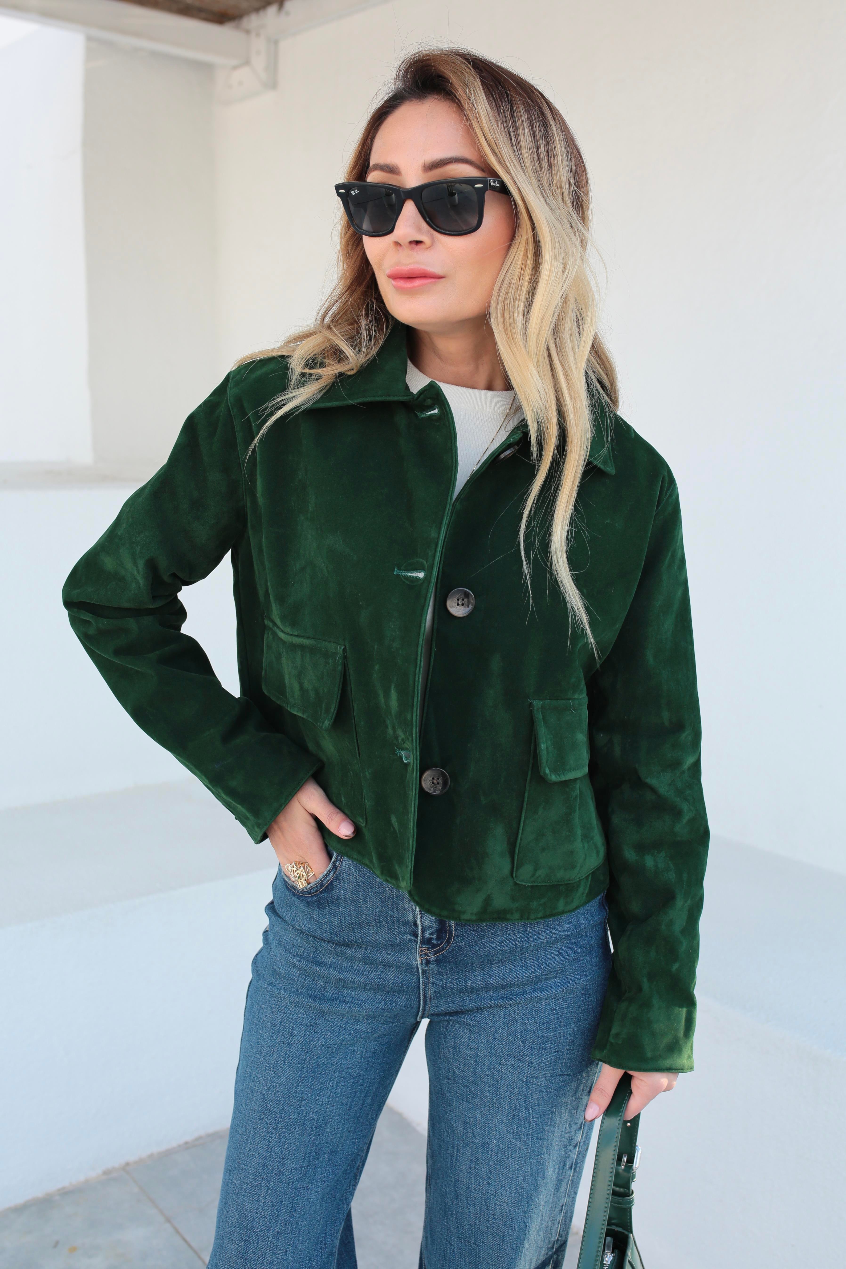 Üç Düğmeli Kısa Yeşil Süet Ceket CEKET