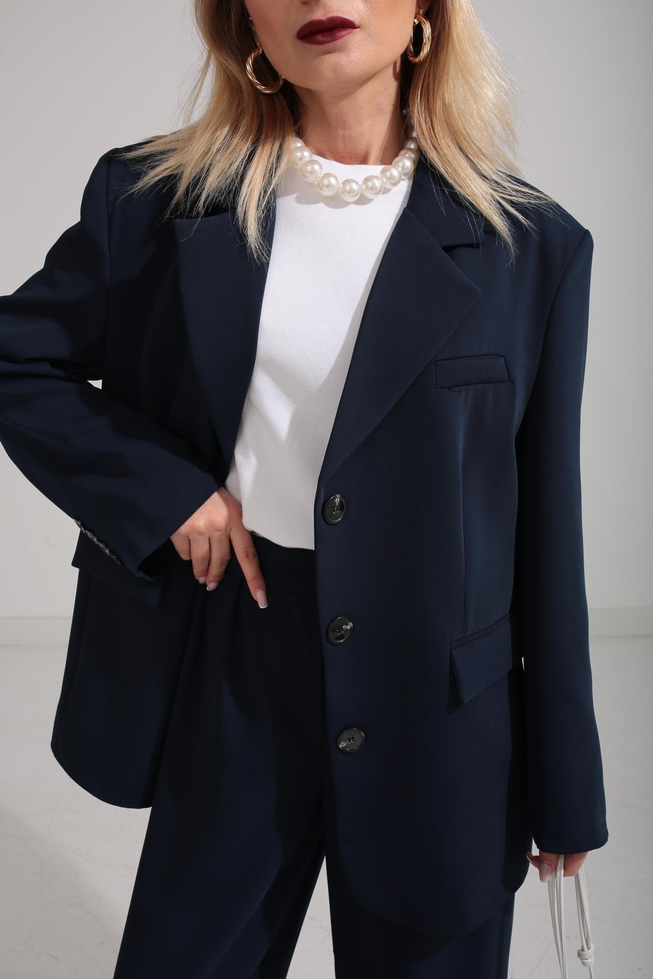 Üç Düğmeli Lacivert Palazzo Takım TAKIM