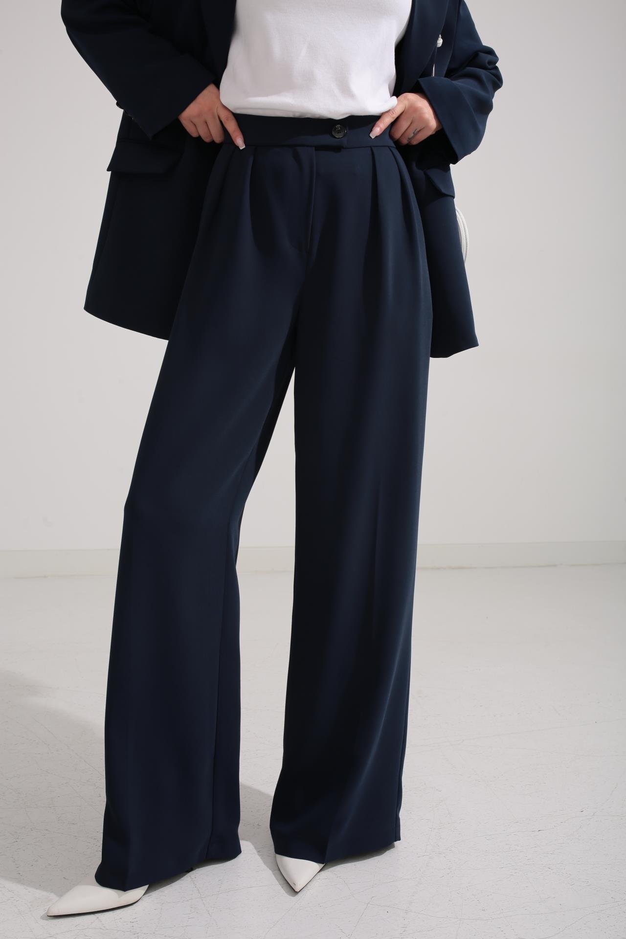 Üç Düğmeli Lacivert Palazzo Takım TAKIM