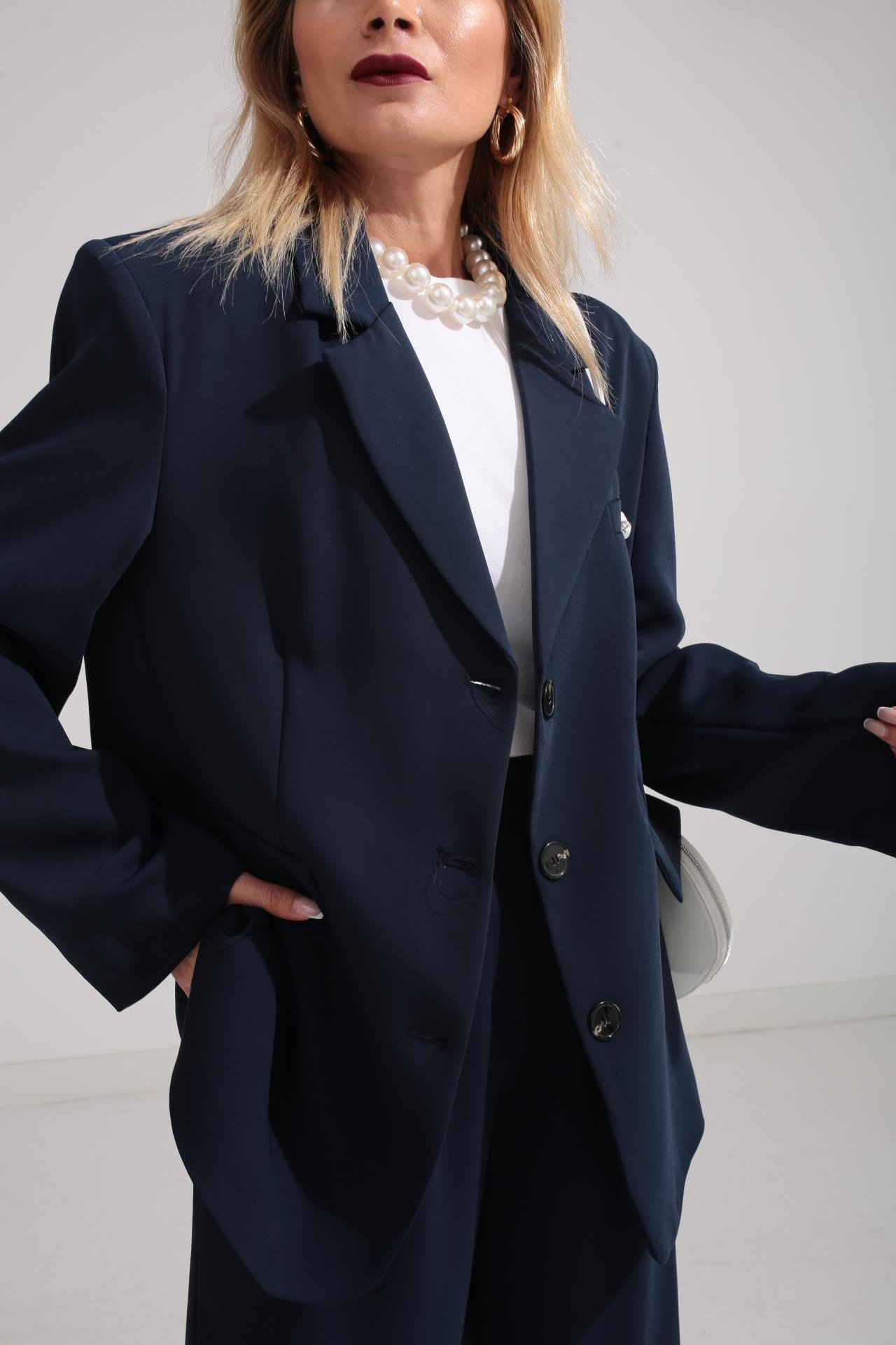 Üç Düğmeli Lacivert Palazzo Takım TAKIM