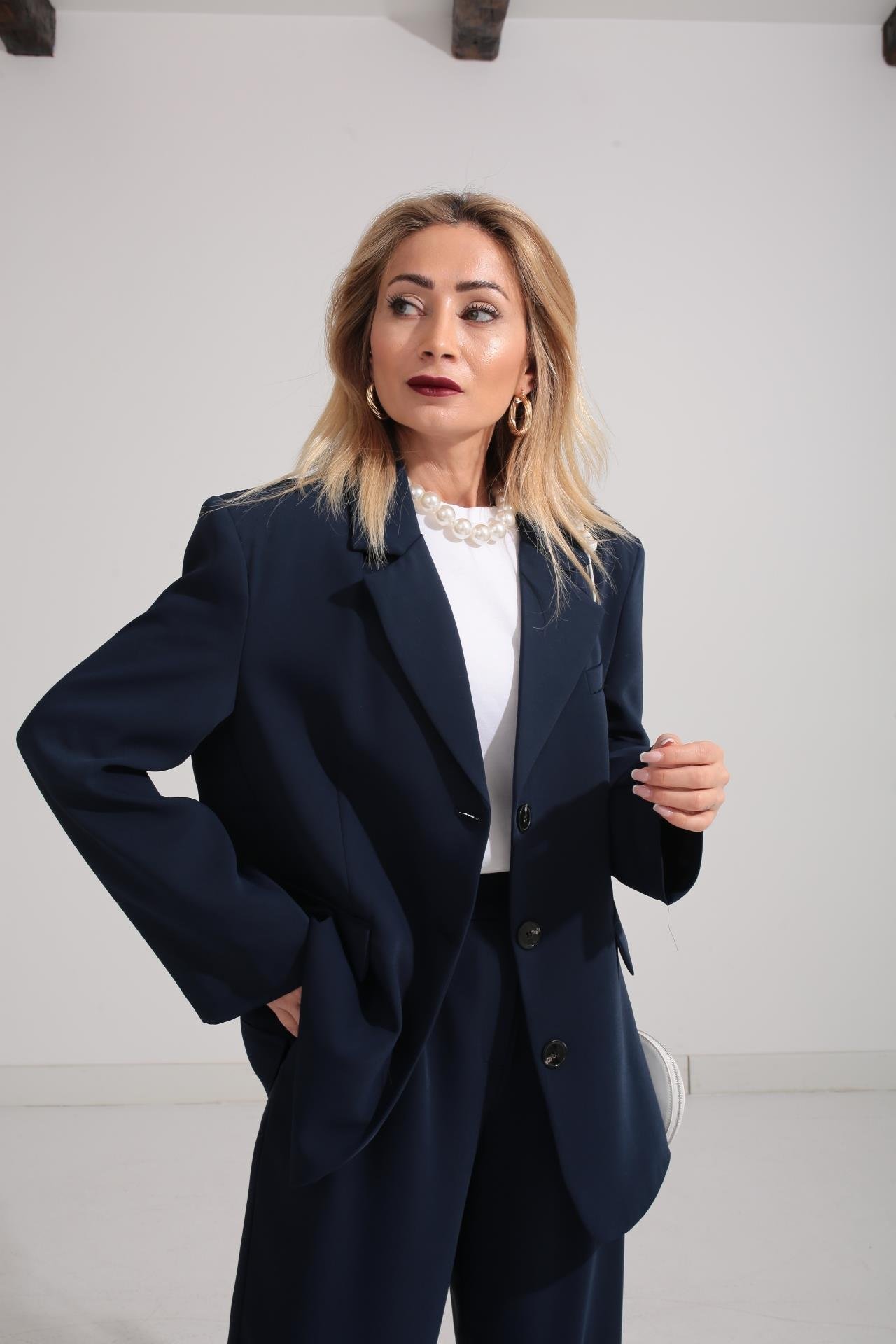 Üç Düğmeli Lacivert Palazzo Takım TAKIM