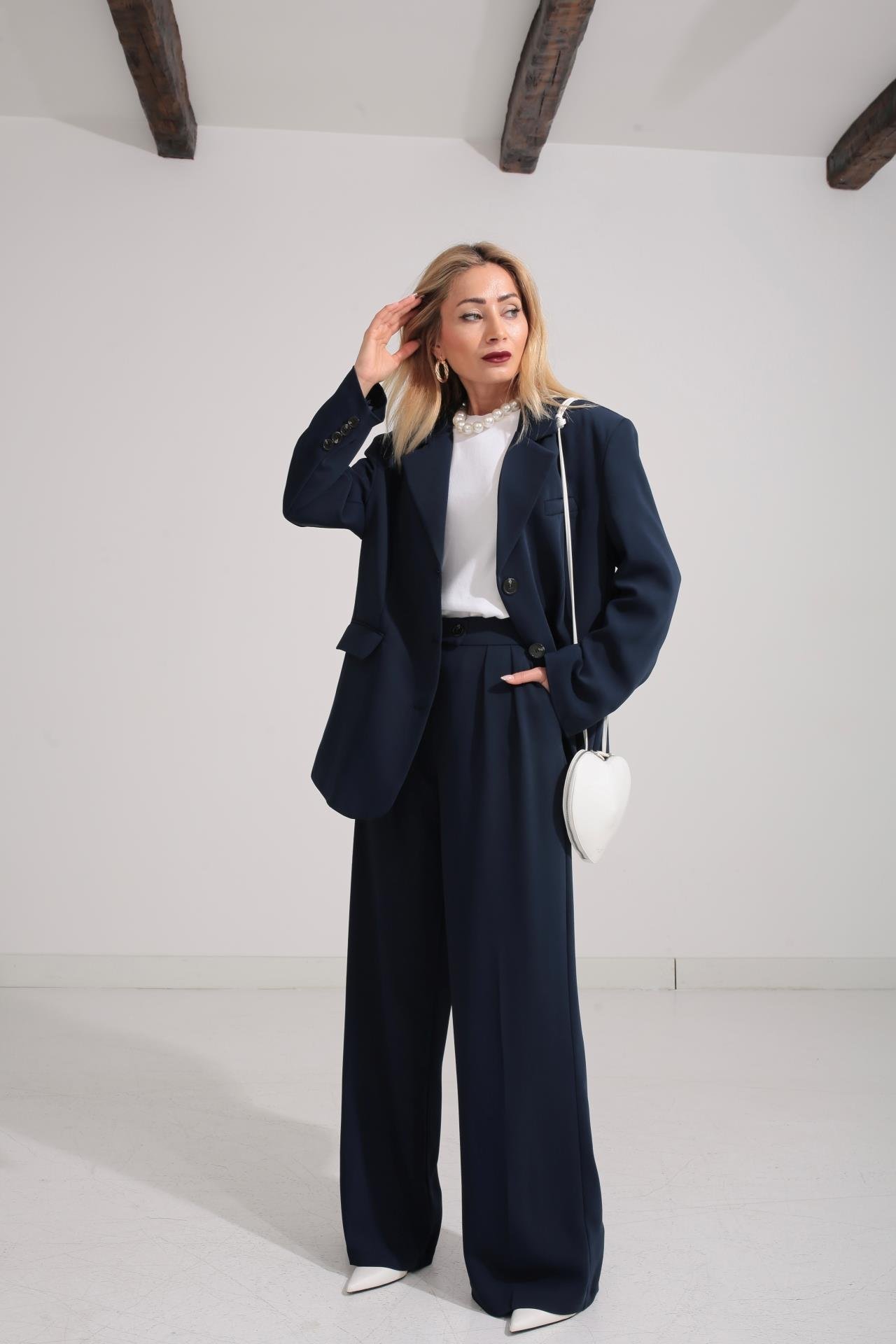 Üç Düğmeli Lacivert Palazzo Takım TAKIM