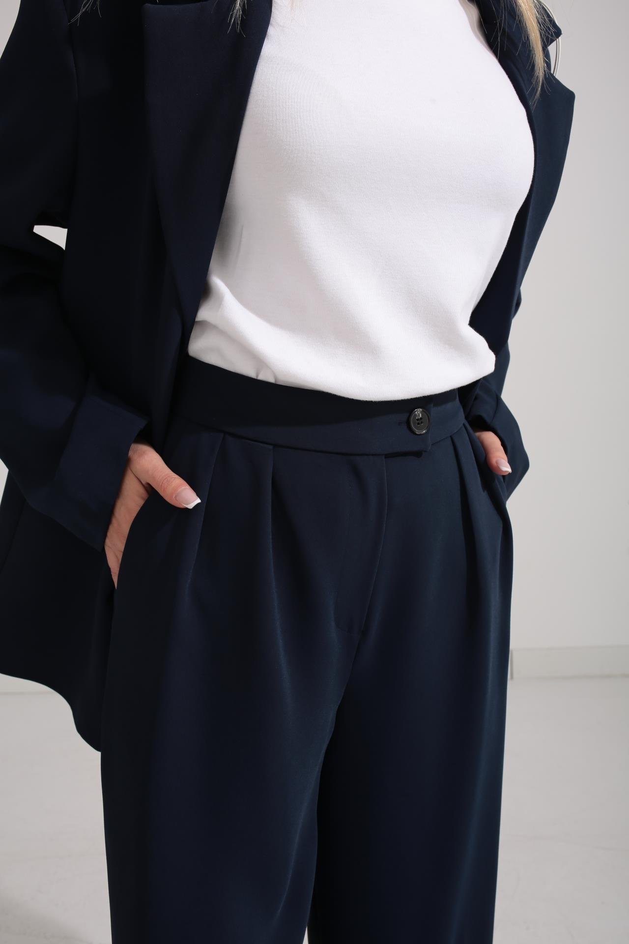 Üç Düğmeli Lacivert Palazzo Takım TAKIM