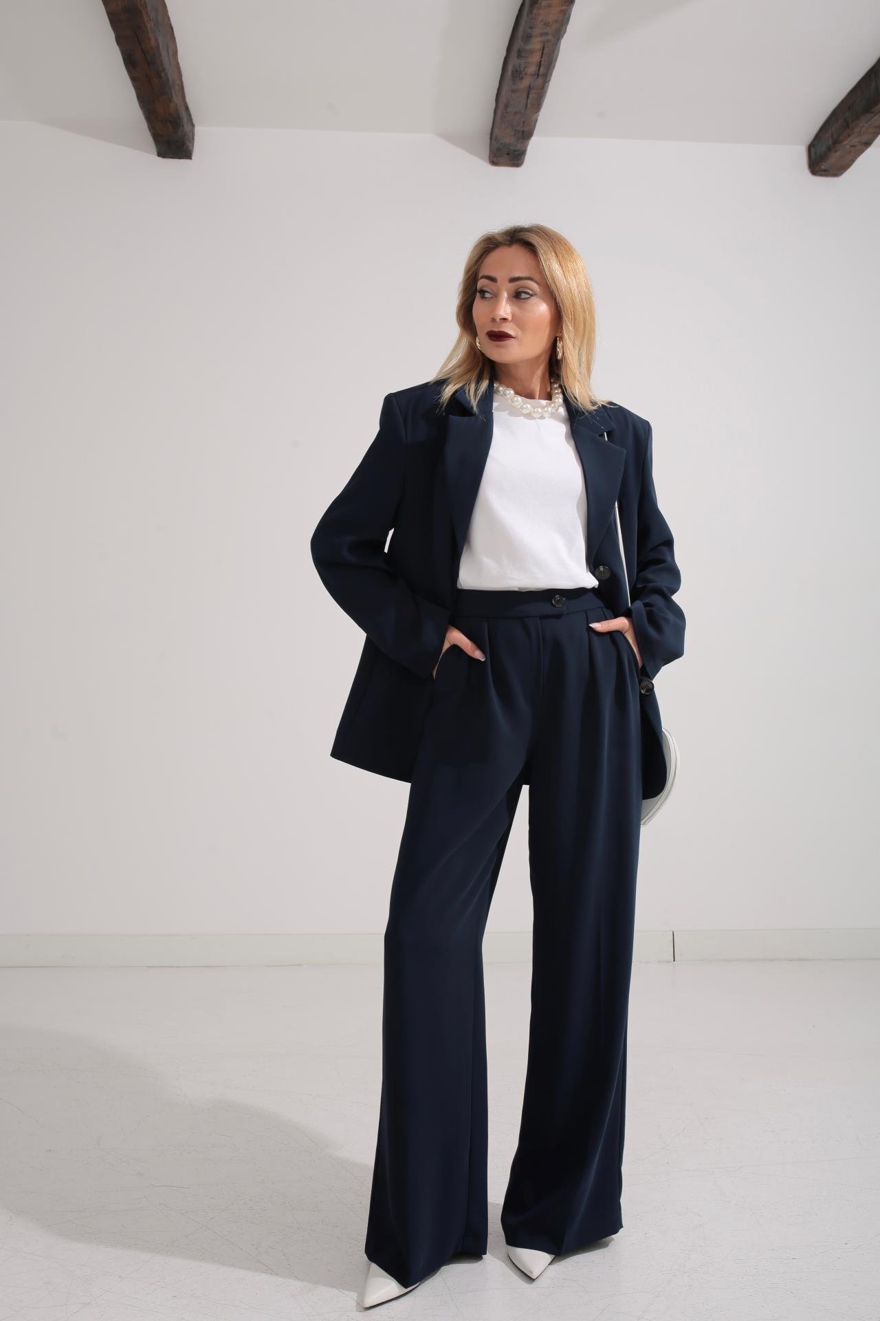 Üç Düğmeli Lacivert Palazzo Takım TAKIM