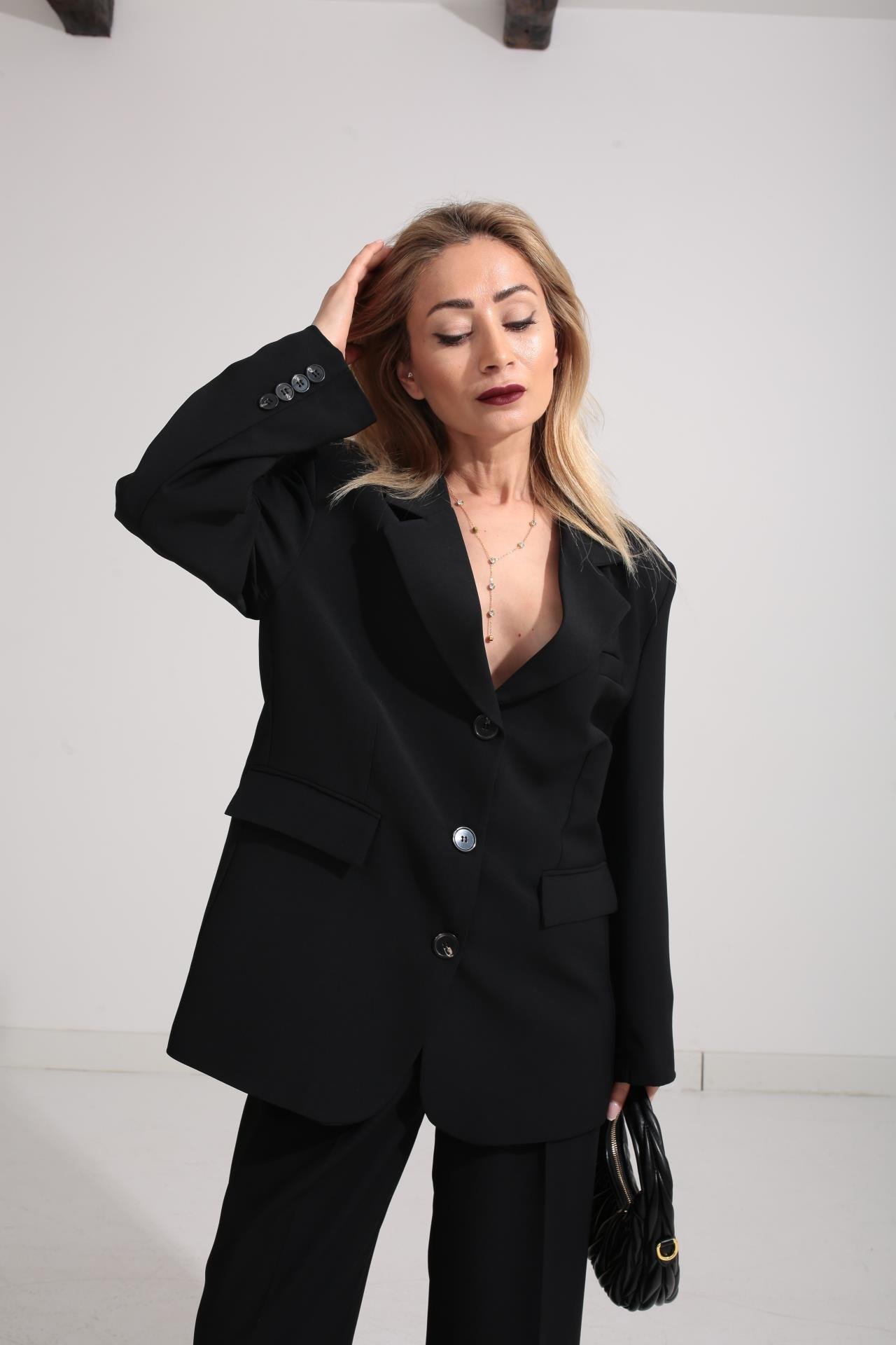 Üç Düğmeli Siyah Palazzo Takım TAKIM