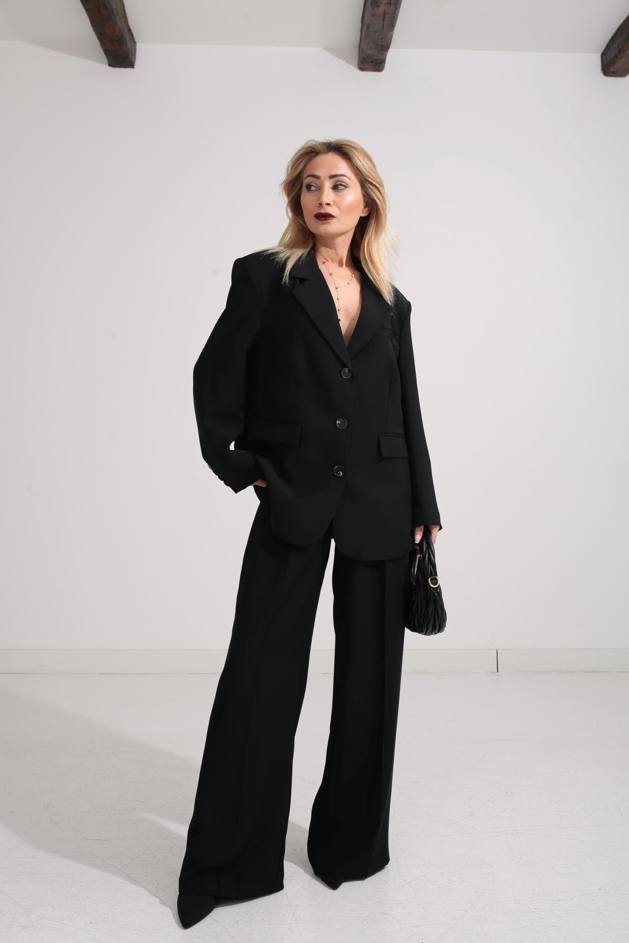 Üç Düğmeli Siyah Palazzo Takım TAKIM