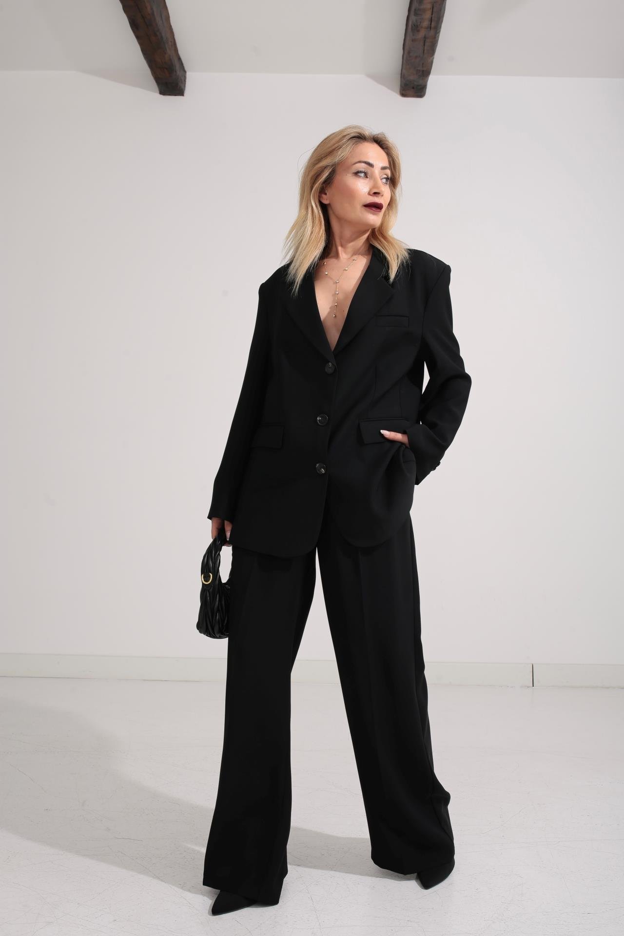 Üç Düğmeli Siyah Palazzo Takım TAKIM