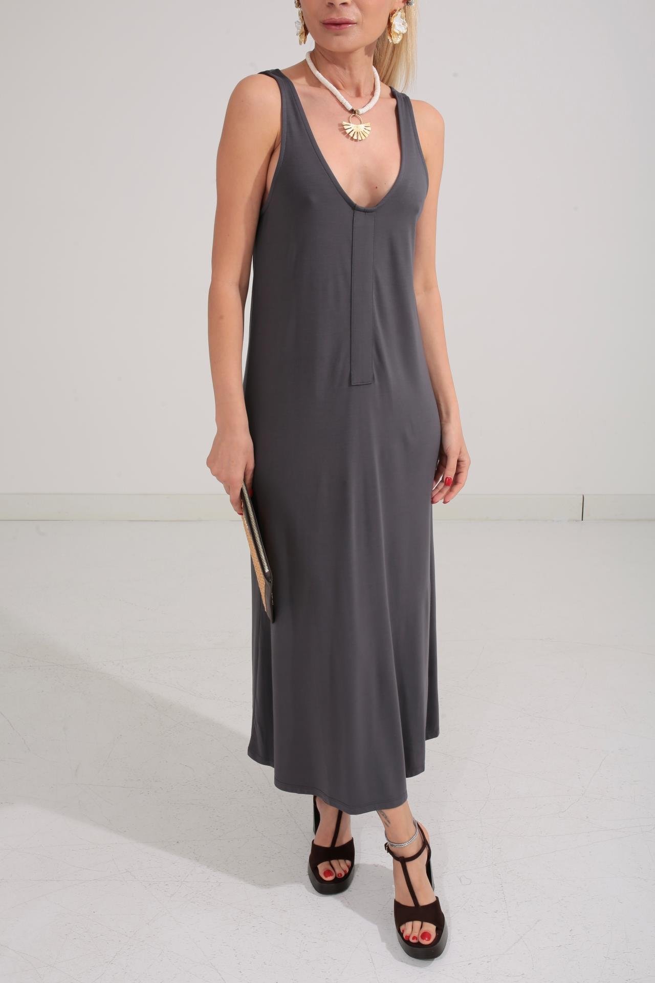 V Yaka Askılı Füme Elbise ELBİSE | NO33