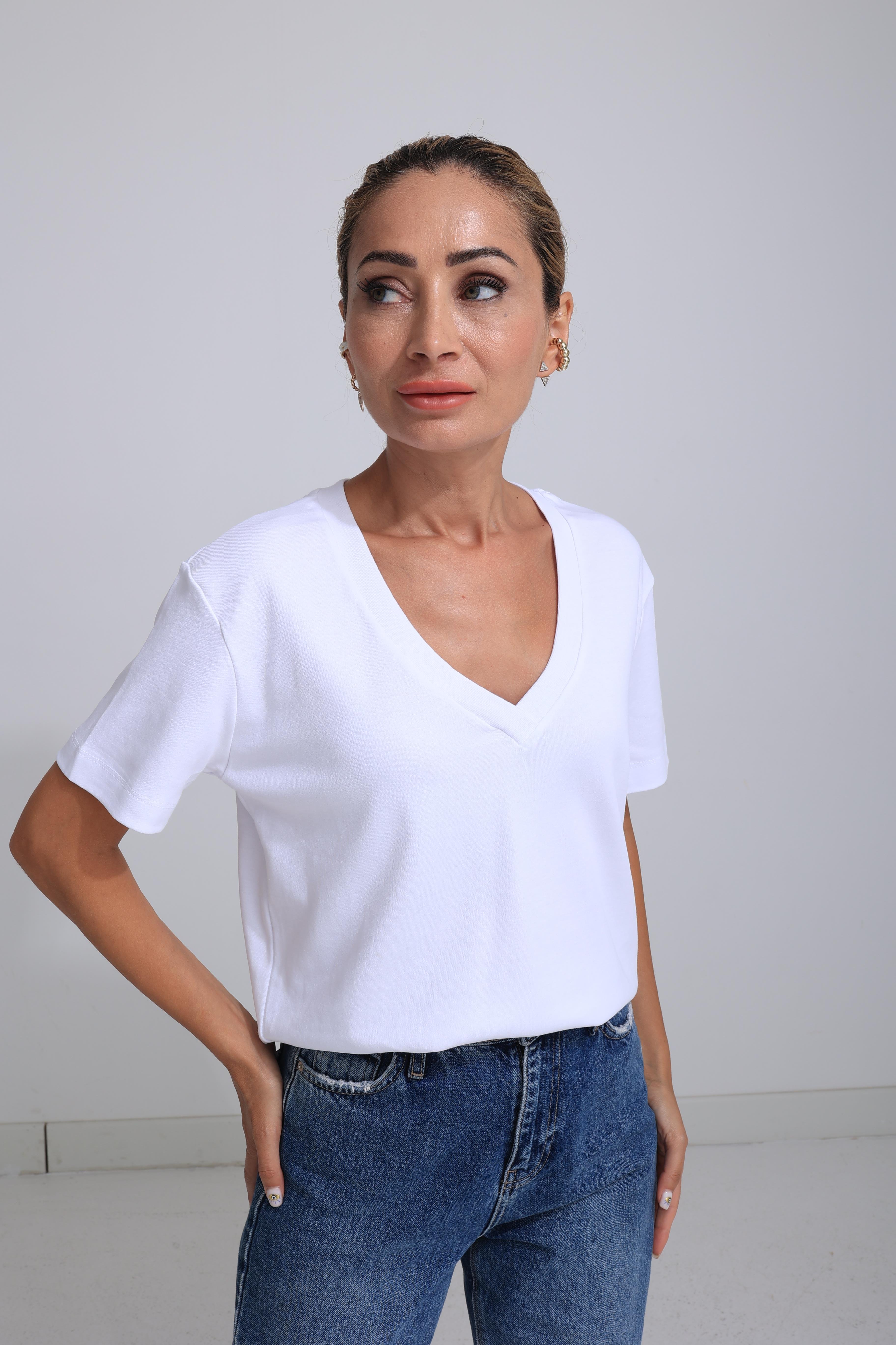 V Yaka Beyaz Basic Tshirt T-SHİRT | NO33