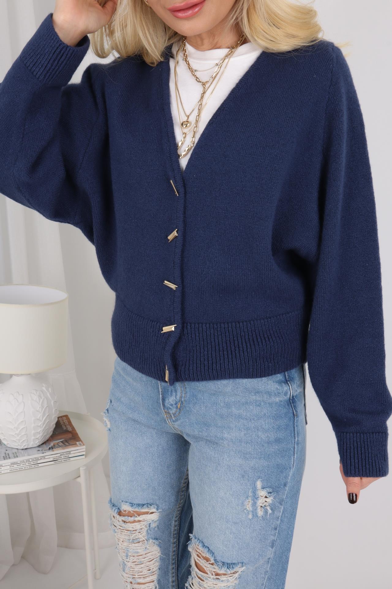 V Yaka Gold Aksesuarlı Lacivert Hırka HIRKA