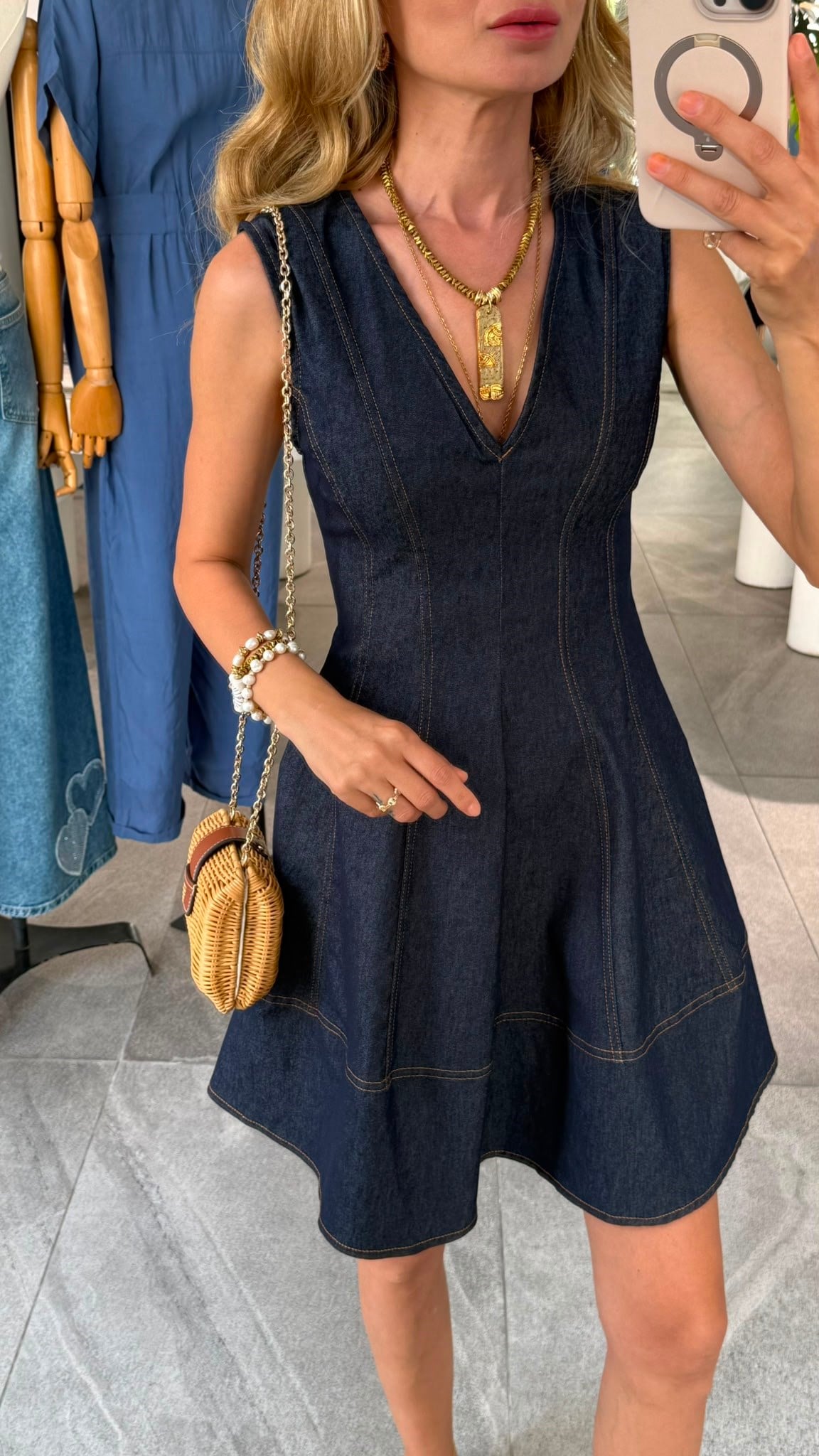 V Yaka Likralı Denim Elbise ELBİSE | NO33