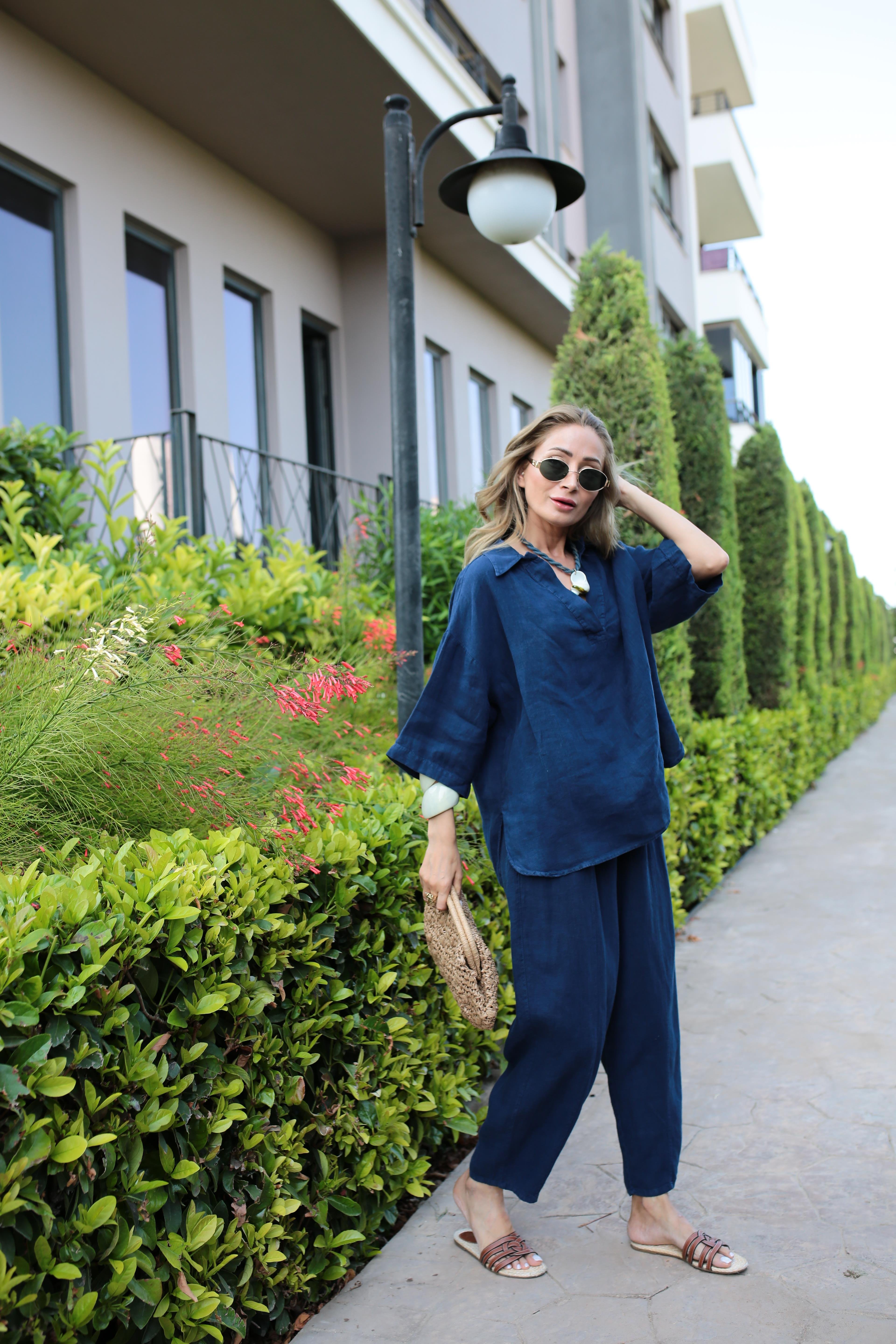 V Yaka Şalvar Kesim Lacivert Keten Takım TAKIM | NO33