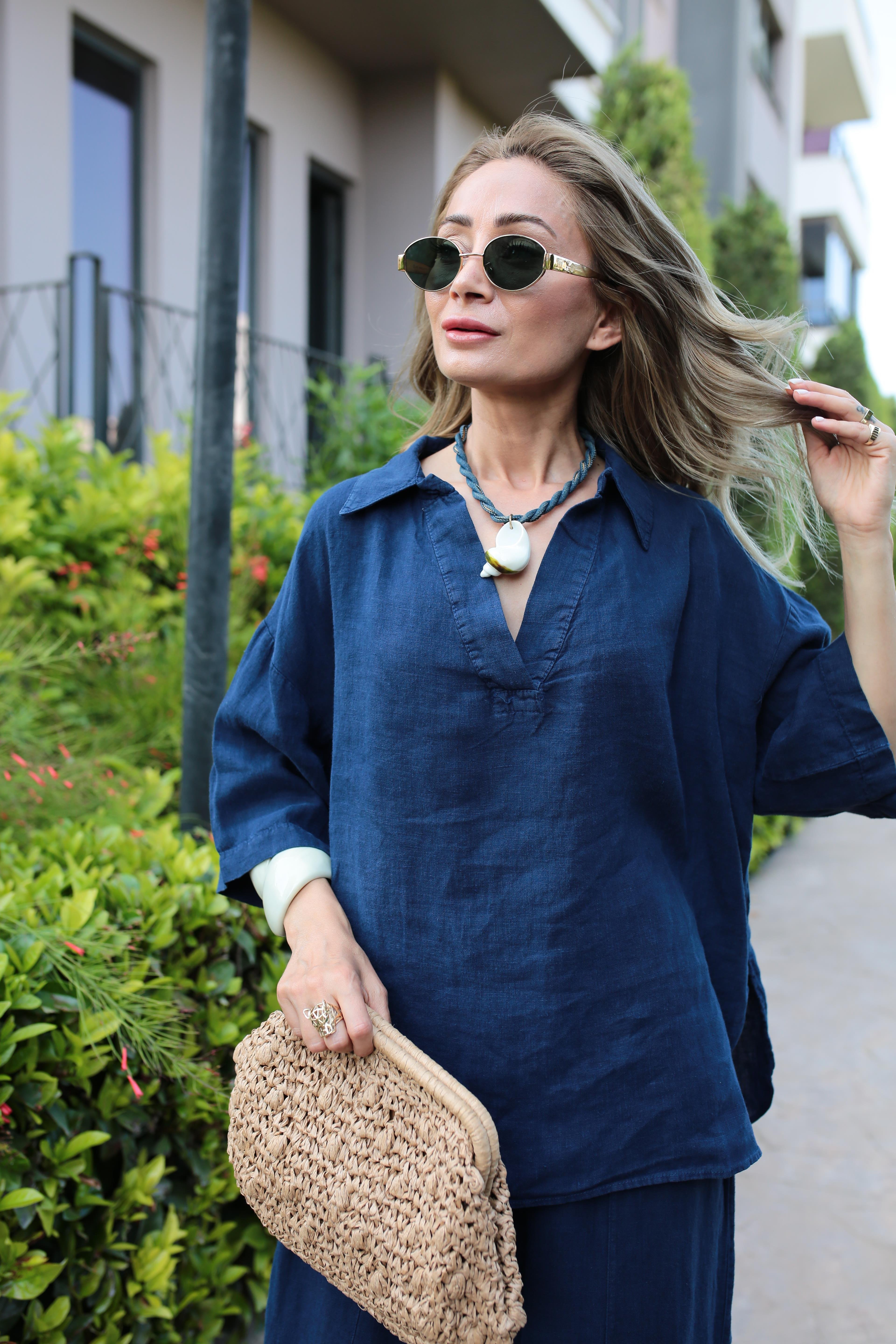 V Yaka Şalvar Kesim Lacivert Keten Takım TAKIM | NO33