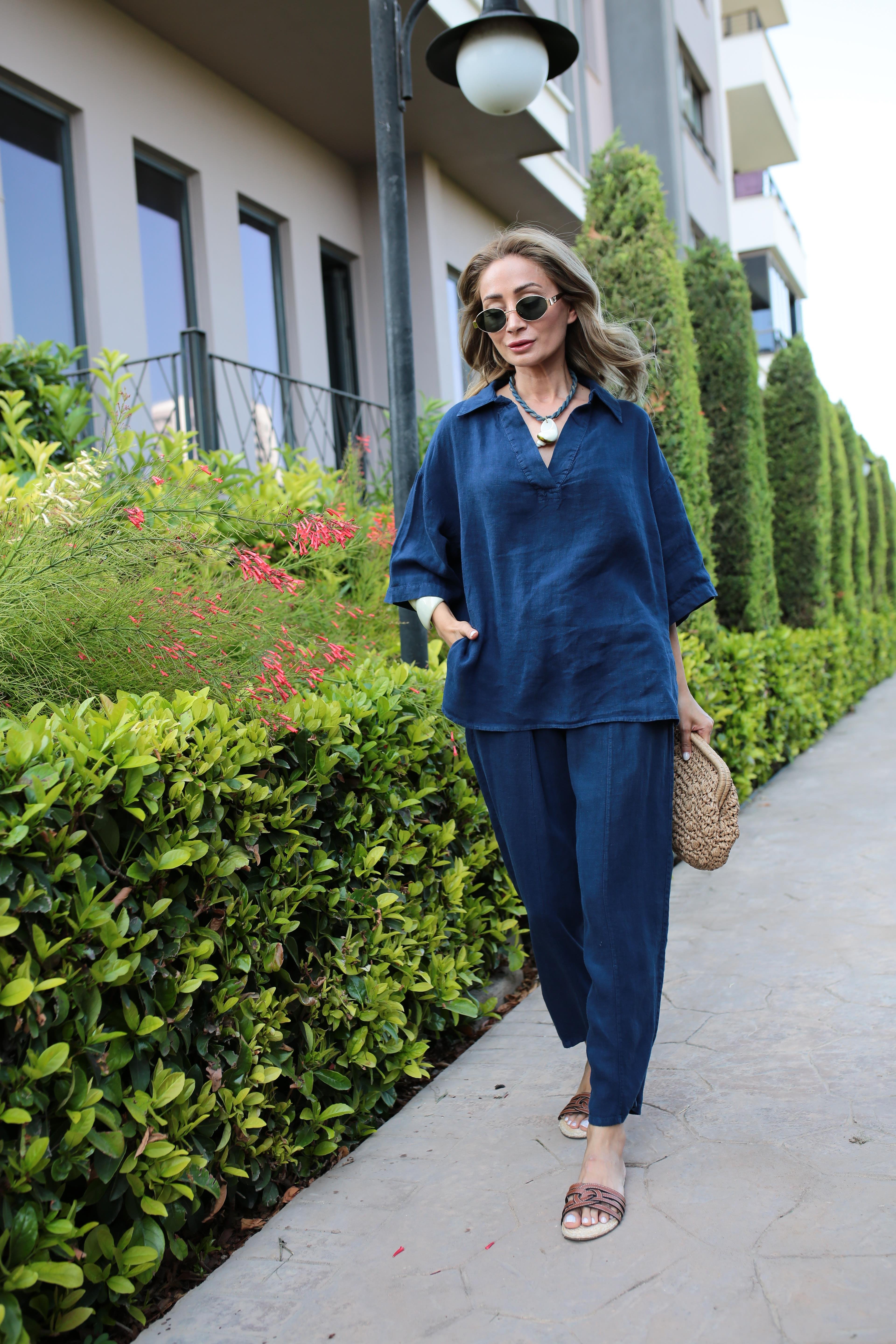 V Yaka Şalvar Kesim Lacivert Keten Takım TAKIM | NO33